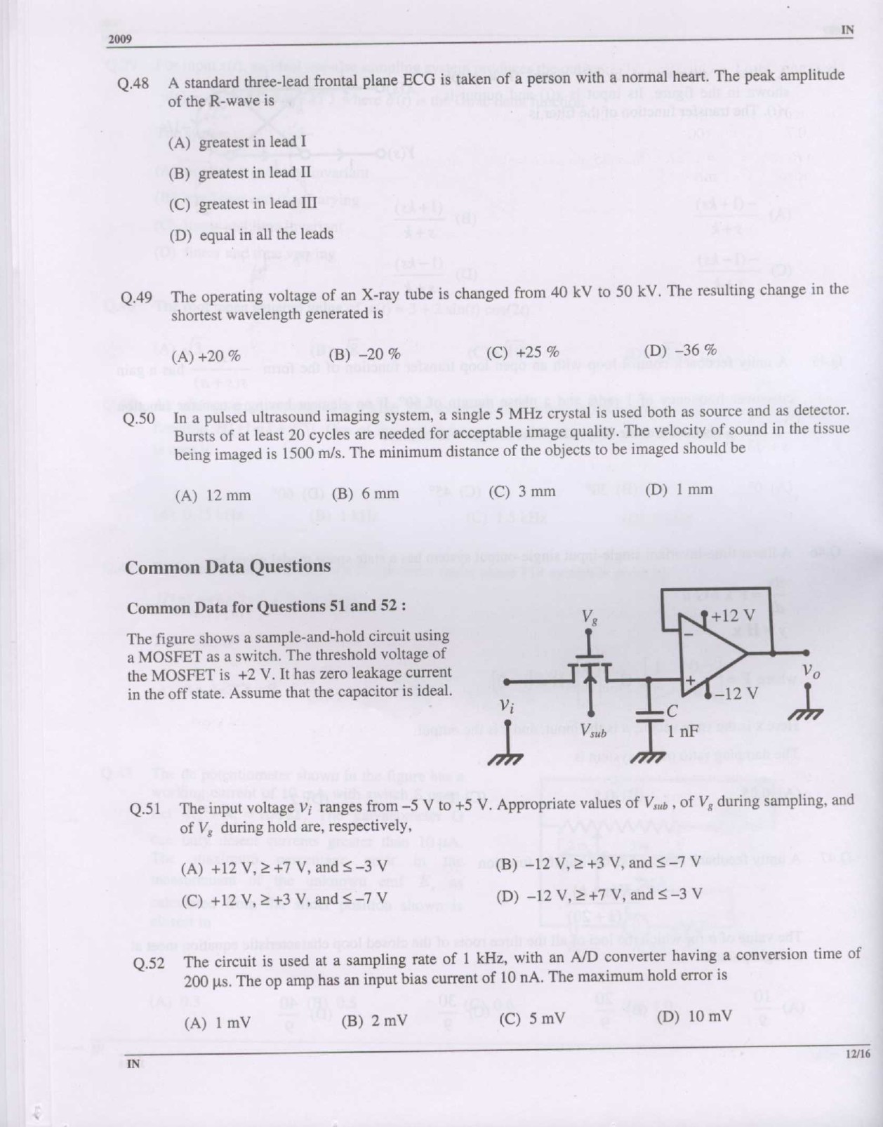 GATE Exam Question Paper 2009 Instrumentation Engineering 12