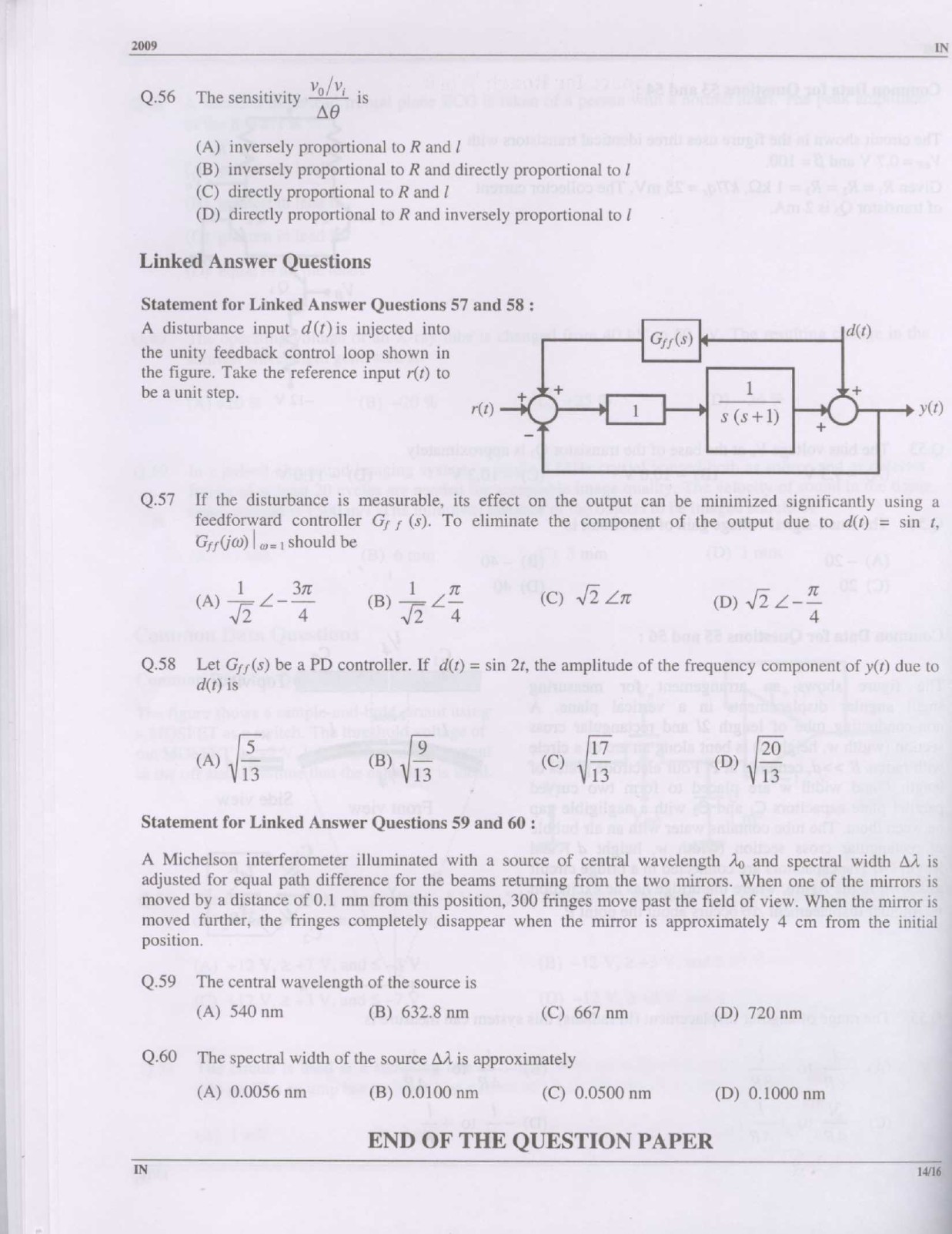 GATE Exam Question Paper 2009 Instrumentation Engineering 14