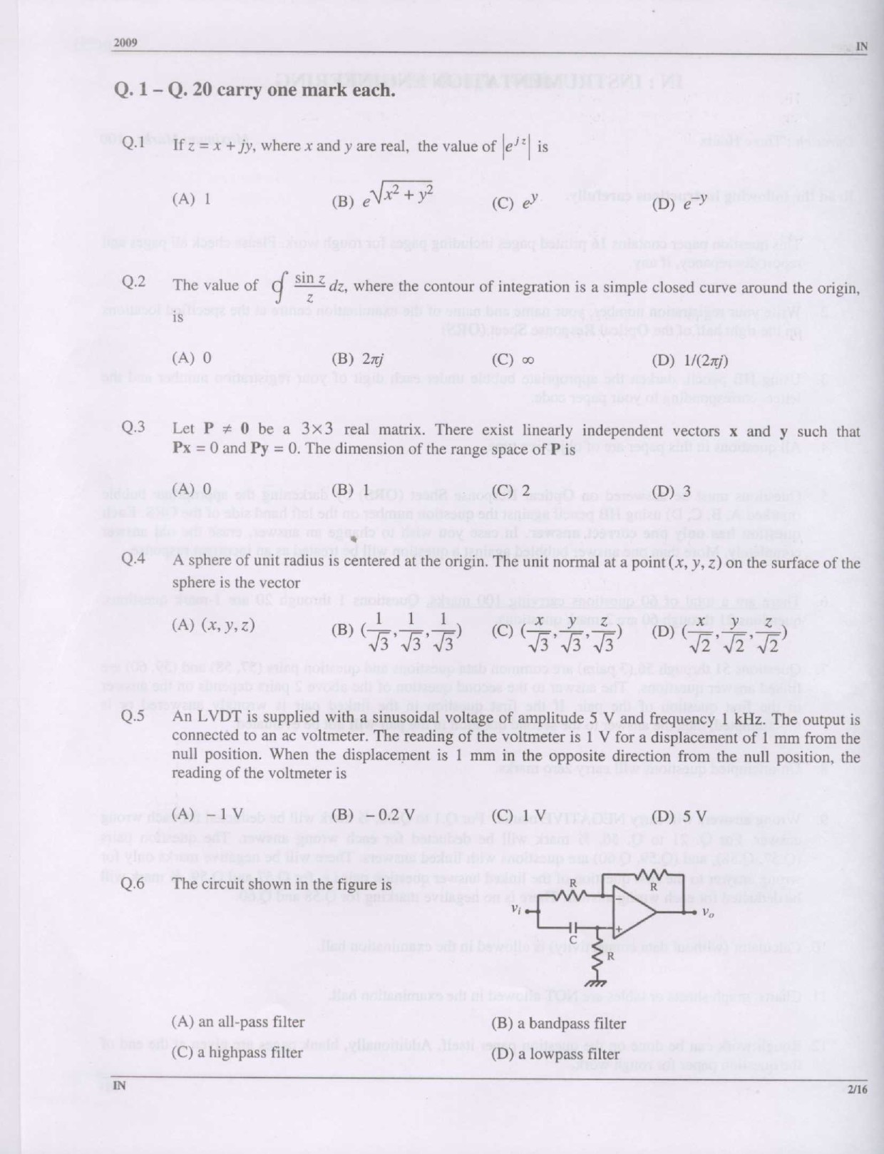 GATE Exam Question Paper 2009 Instrumentation Engineering 2