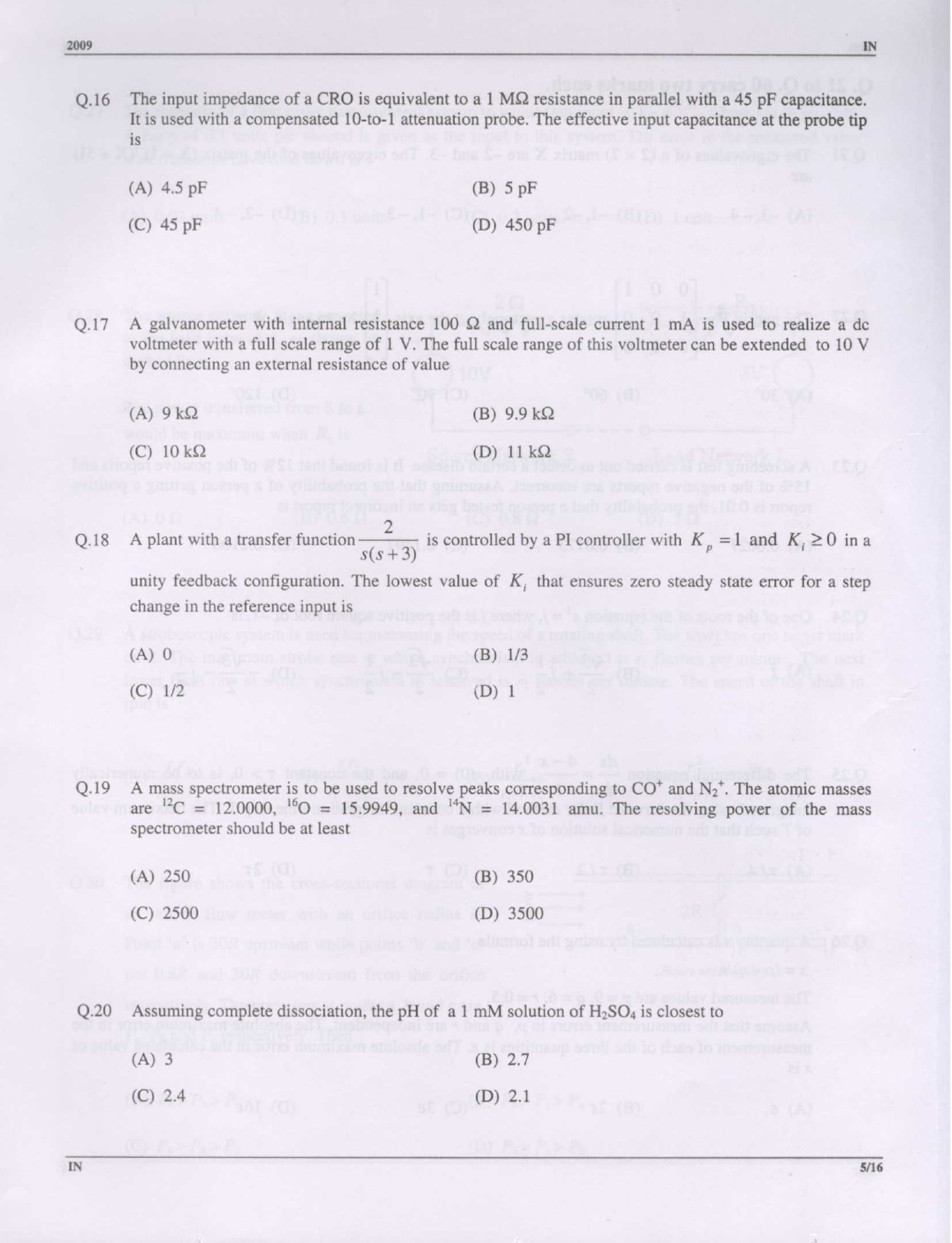 GATE Exam Question Paper 2009 Instrumentation Engineering 5