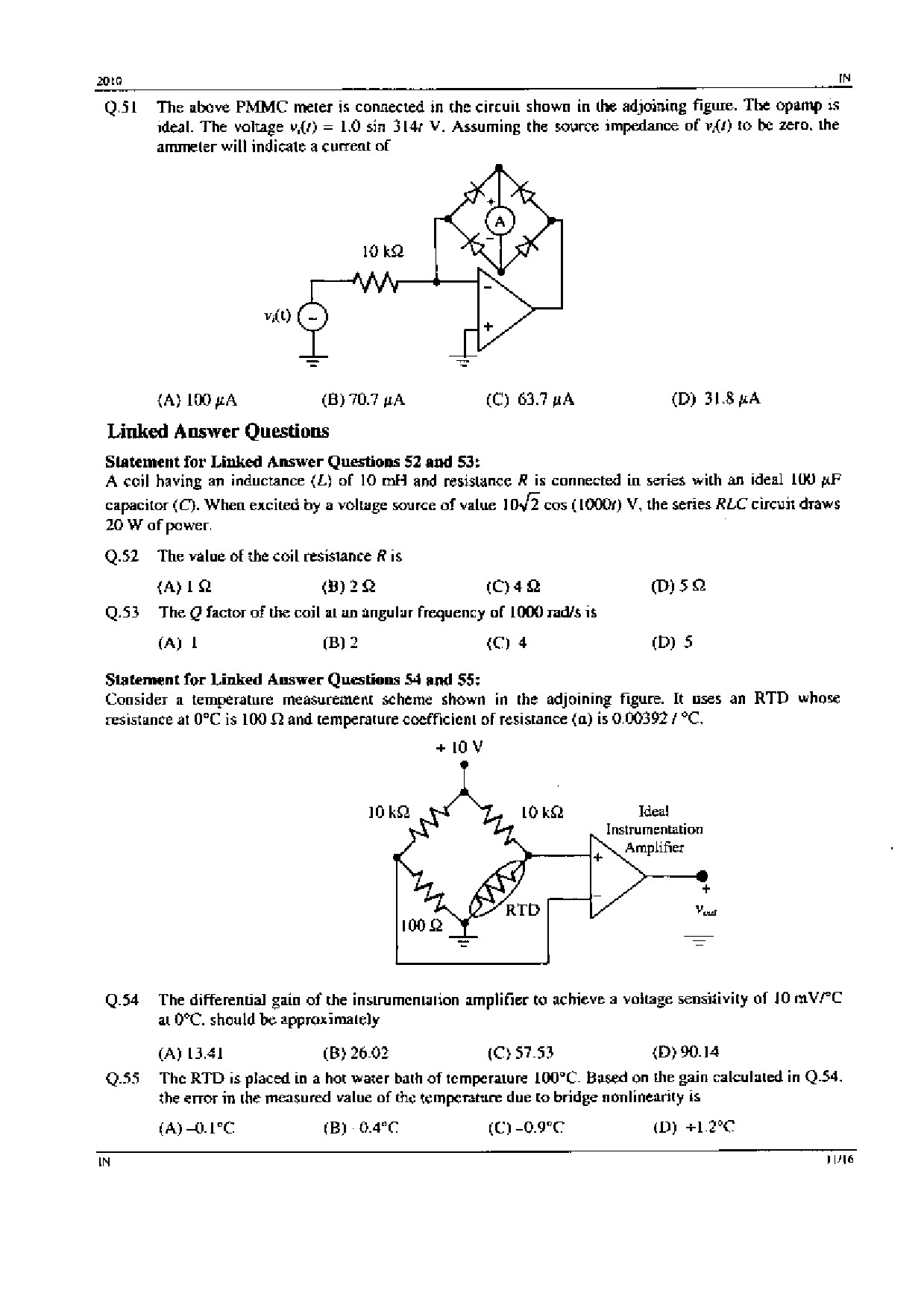 GATE Exam Question Paper 2010 Instrumentation Engineering 11