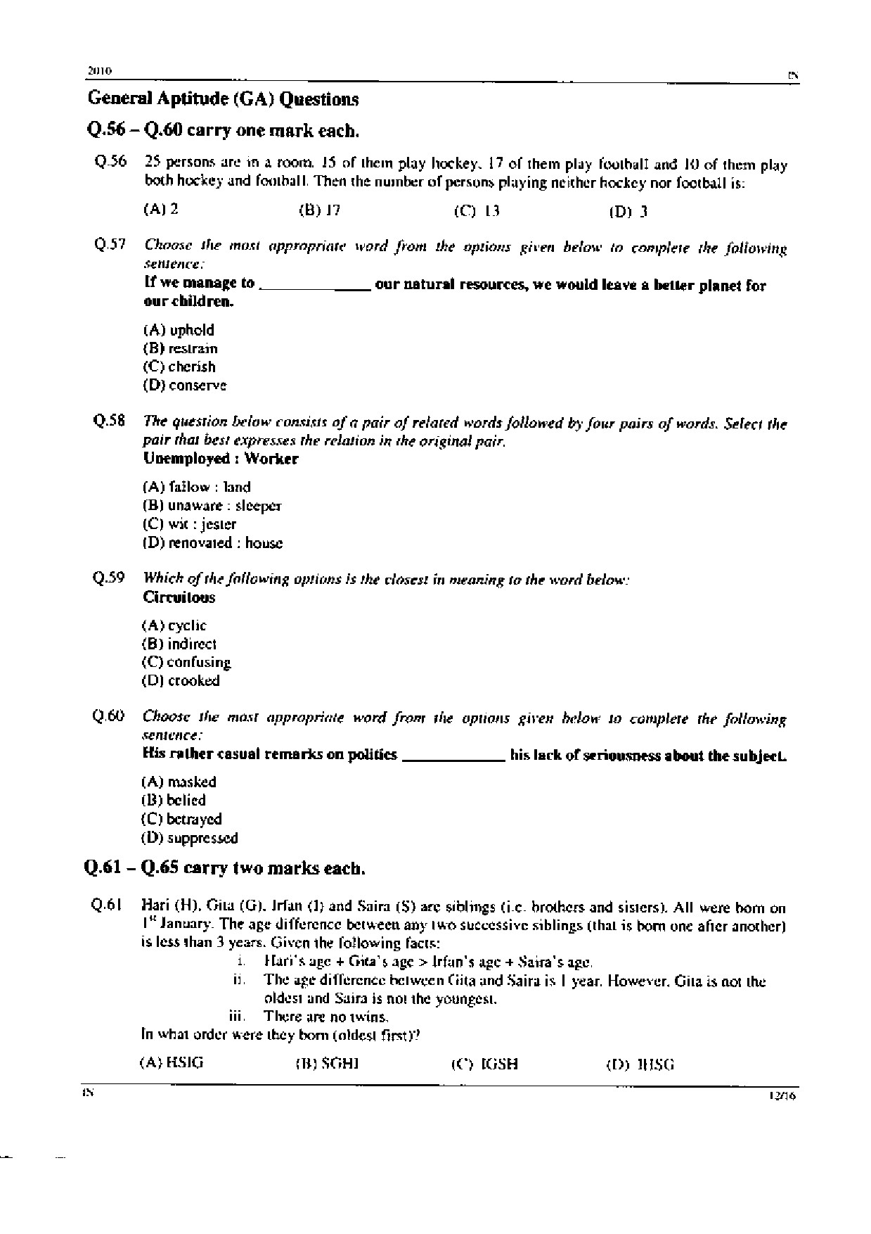 GATE Exam Question Paper 2010 Instrumentation Engineering 12