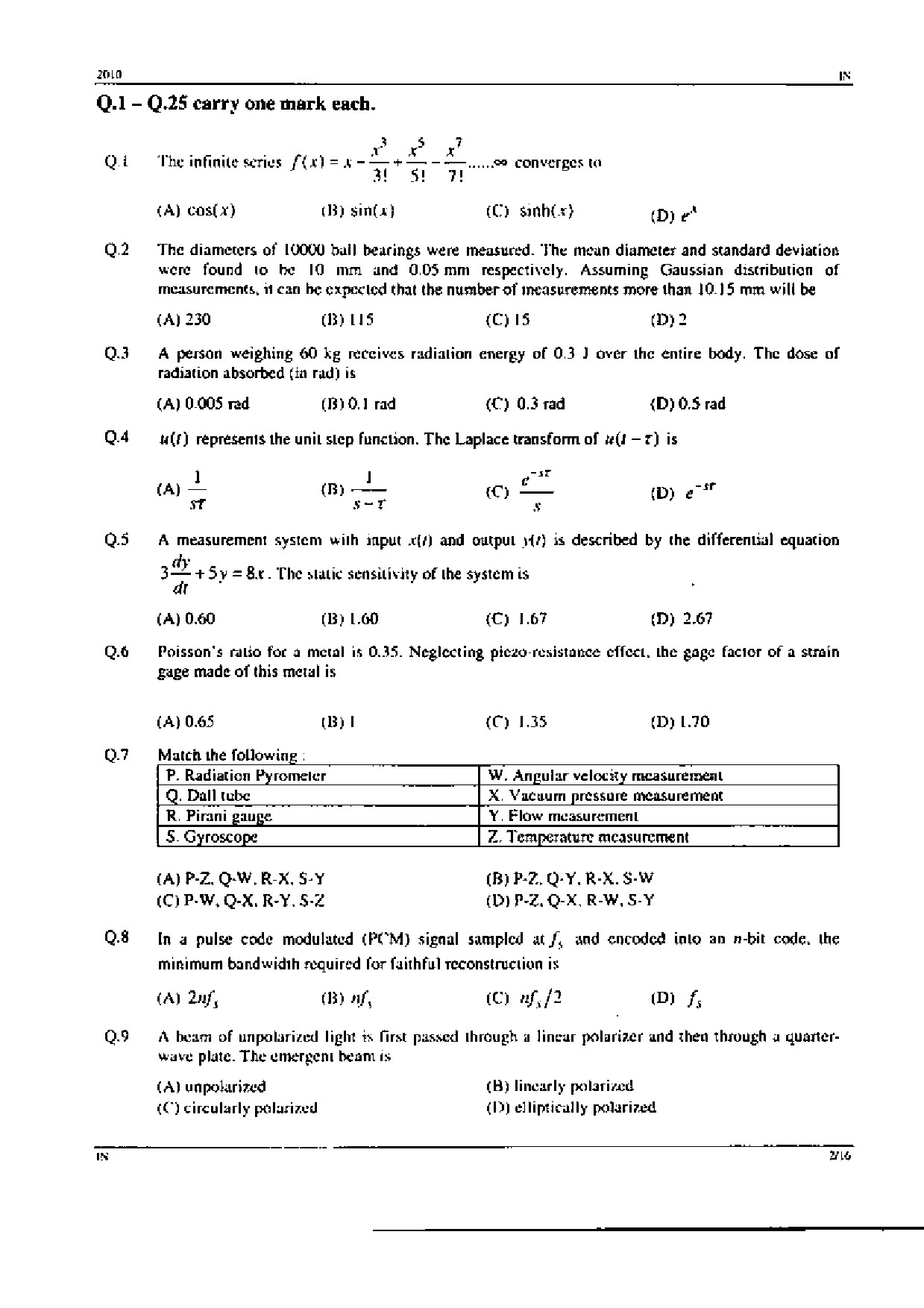 GATE Exam Question Paper 2010 Instrumentation Engineering 2