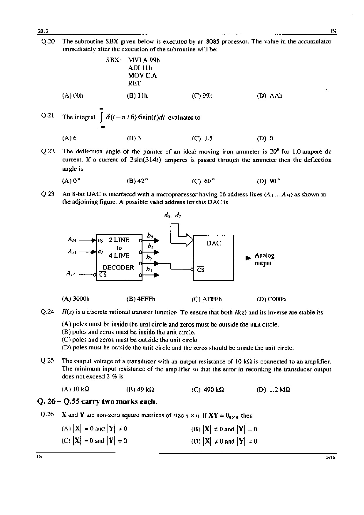 GATE Exam Question Paper 2010 Instrumentation Engineering 5