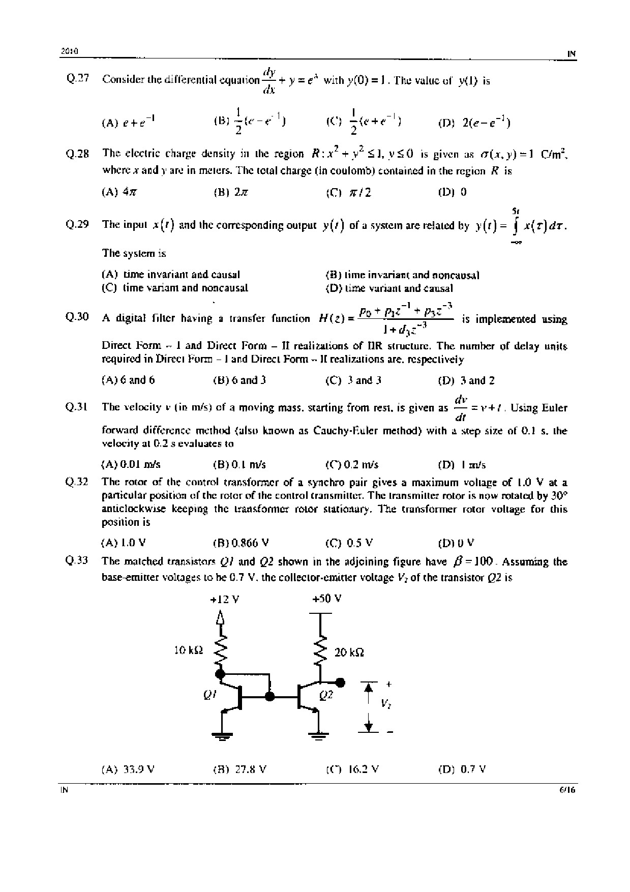 GATE Exam Question Paper 2010 Instrumentation Engineering 6