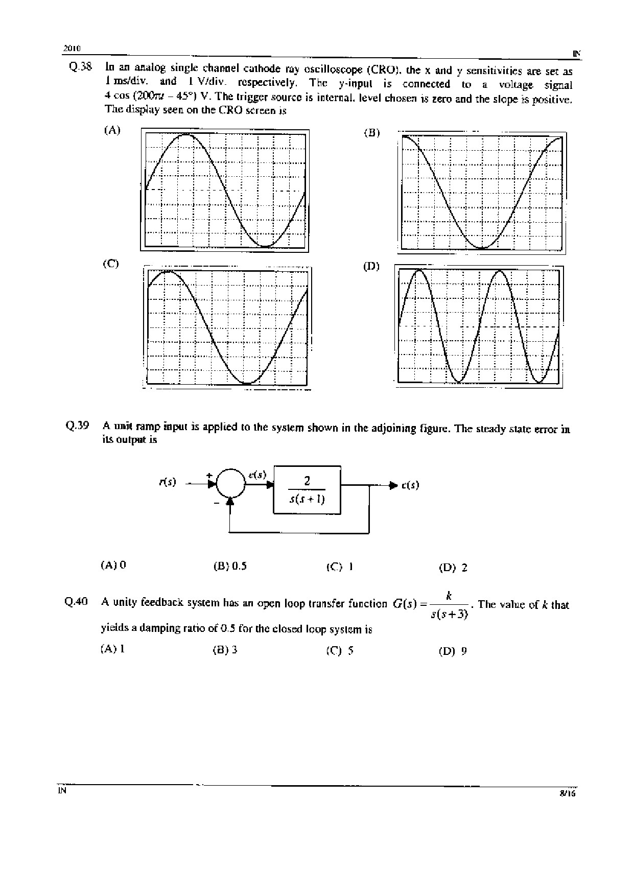GATE Exam Question Paper 2010 Instrumentation Engineering 8