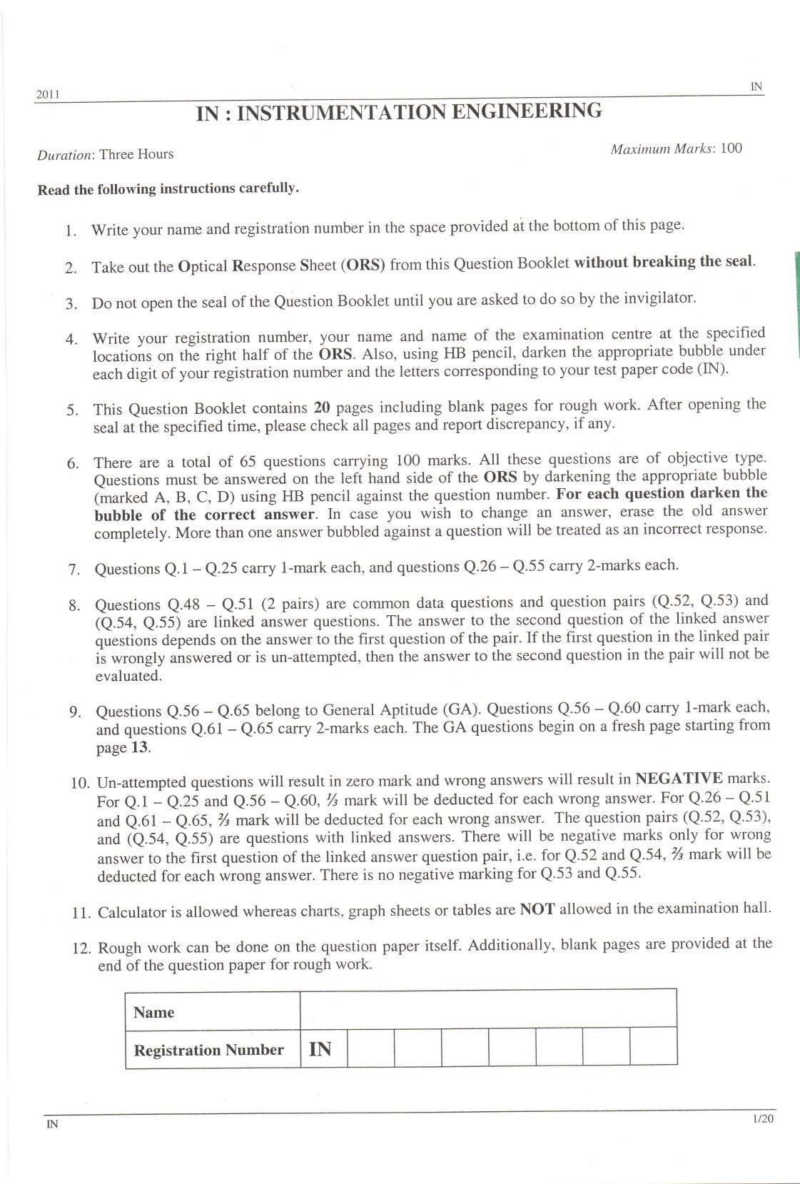 GATE Exam Question Paper 2011 Instrumentation Engineering 1