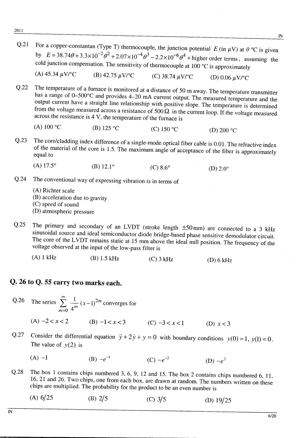 GATE Exam Question Paper 2011 Instrumentation Engineering 6