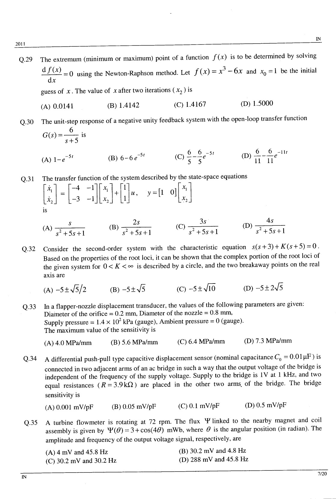 GATE Exam Question Paper 2011 Instrumentation Engineering 7