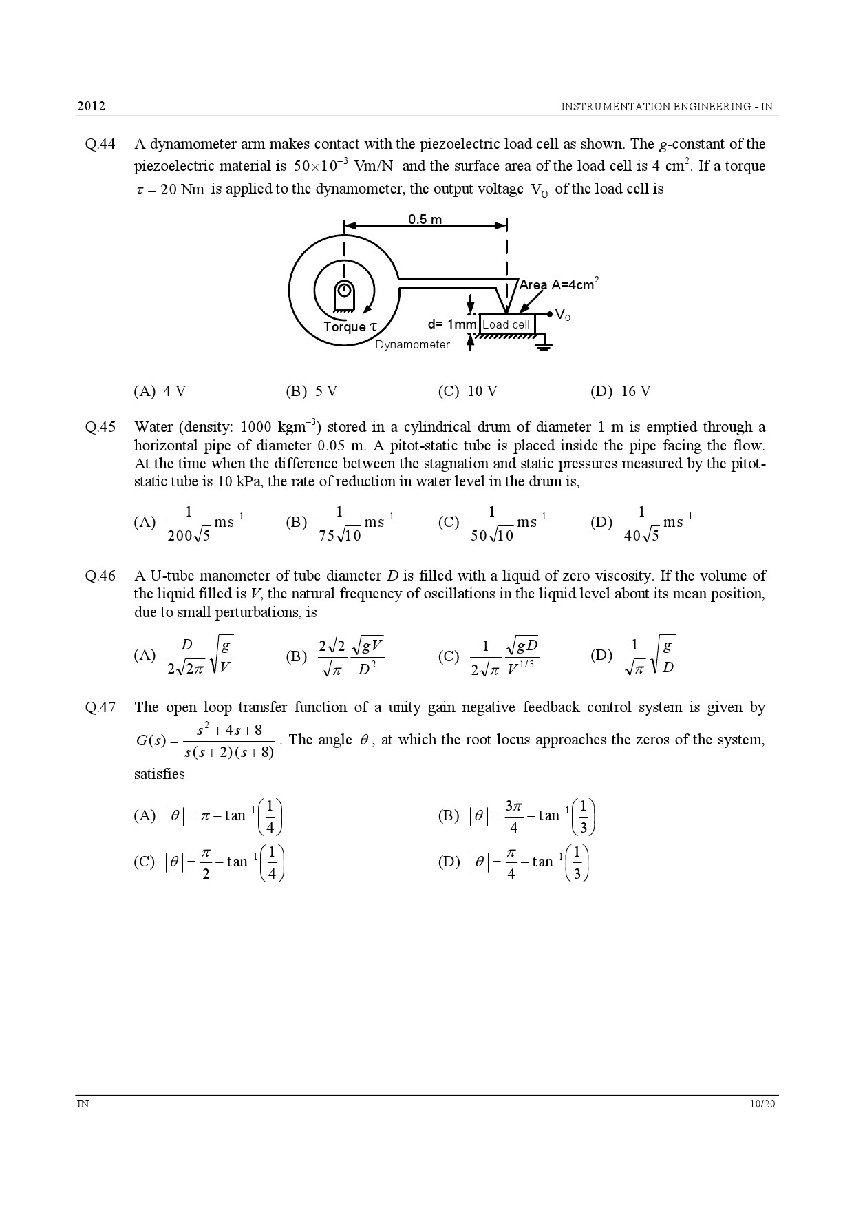 GATE Exam Question Paper 2012 Instrumentation Engineering 10