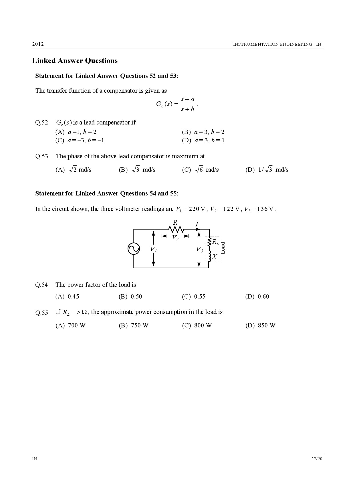 GATE Exam Question Paper 2012 Instrumentation Engineering 12