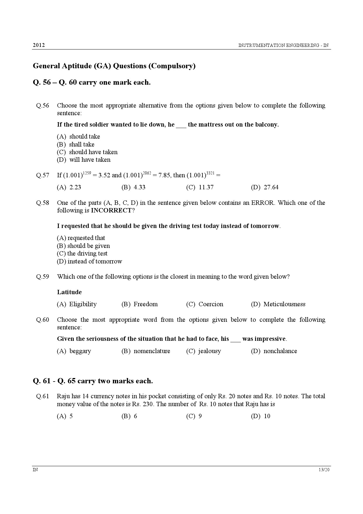GATE Exam Question Paper 2012 Instrumentation Engineering 13