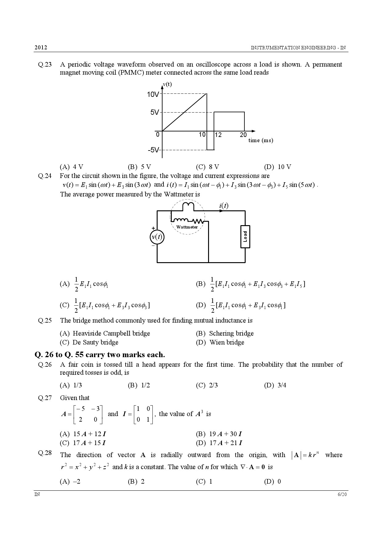 GATE Exam Question Paper 2012 Instrumentation Engineering 6