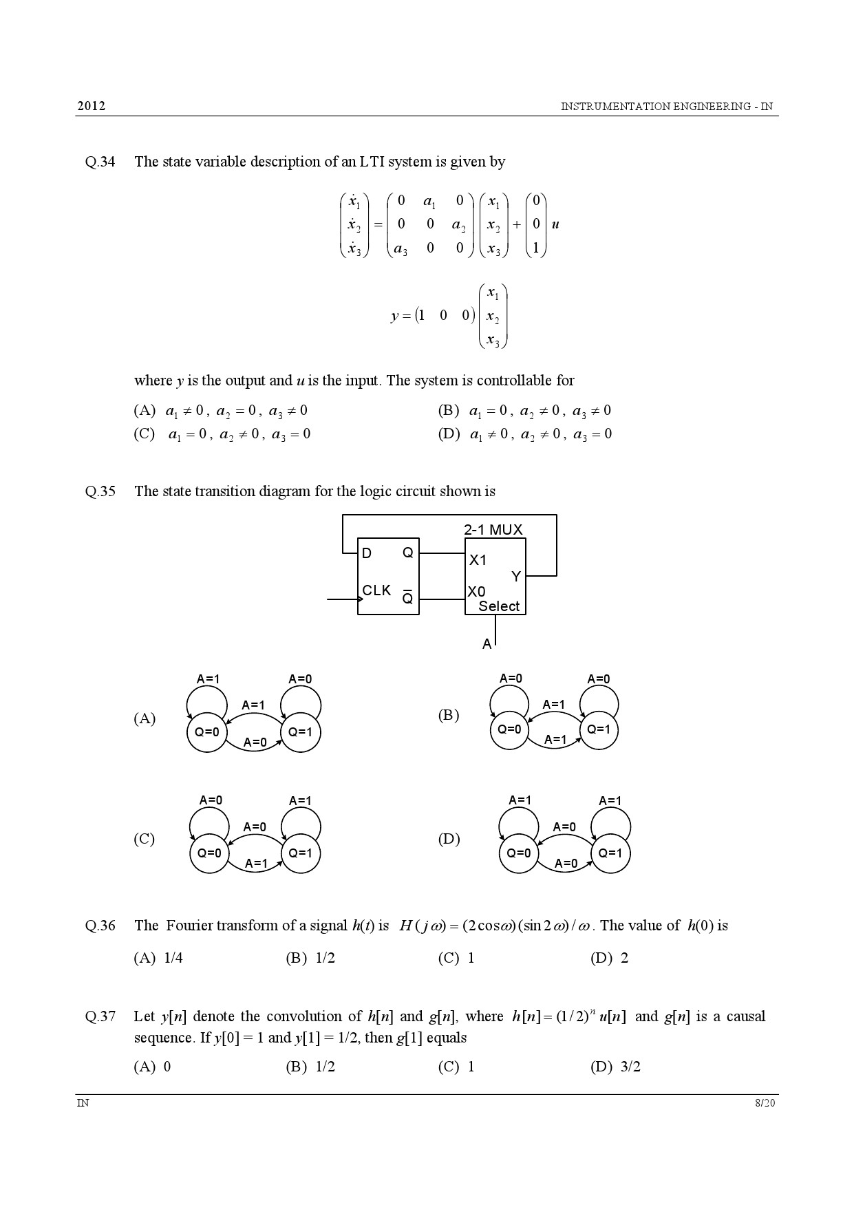GATE Exam Question Paper 2012 Instrumentation Engineering 8