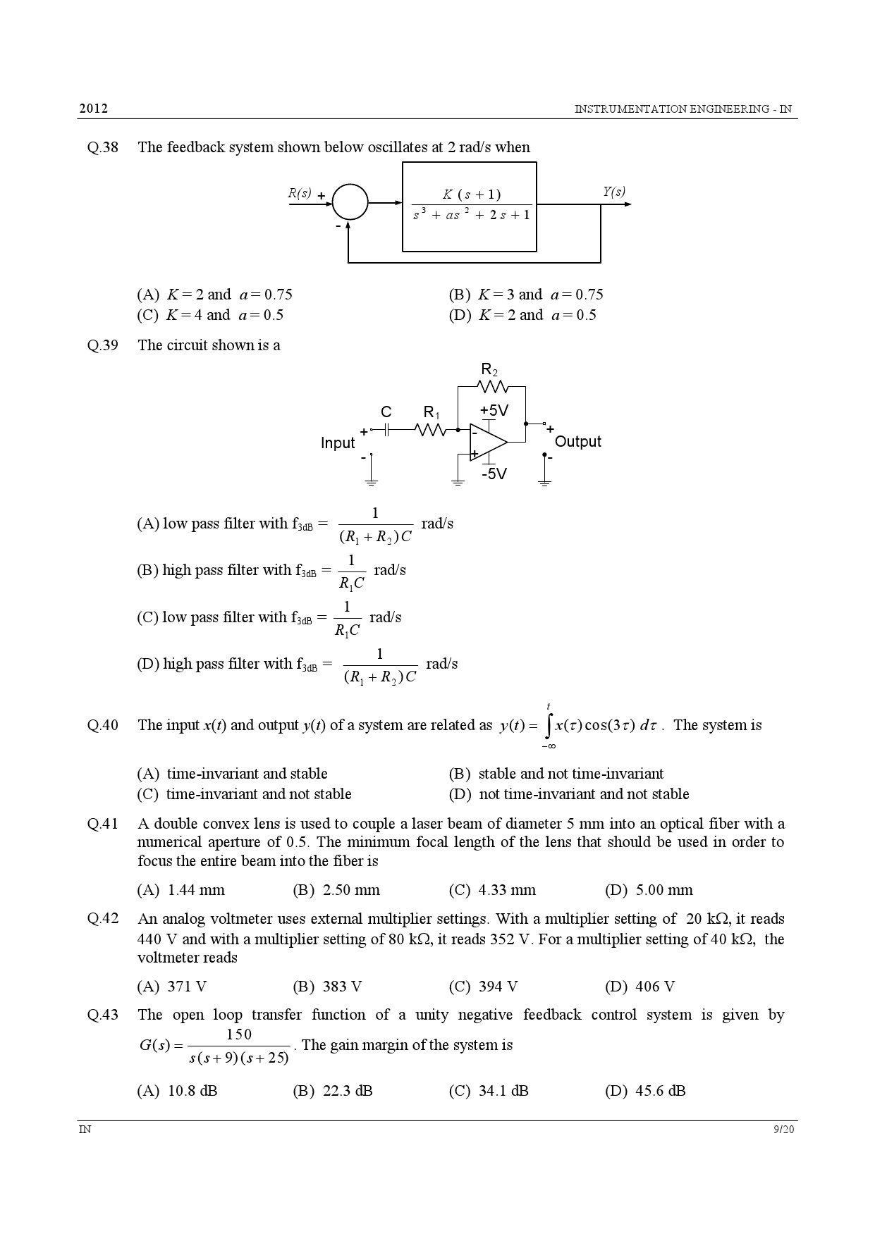 GATE Exam Question Paper 2012 Instrumentation Engineering 9