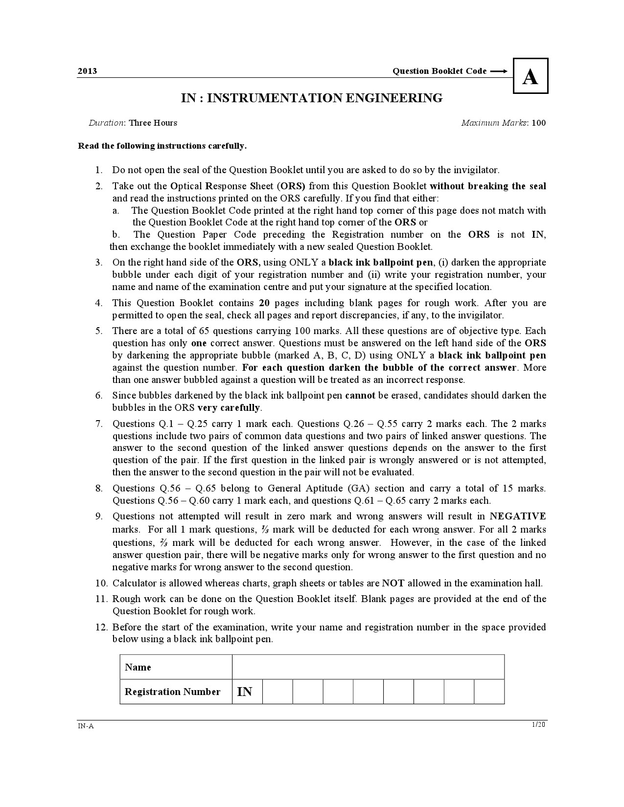 GATE Exam Question Paper 2013 Instrumentation Engineering 1