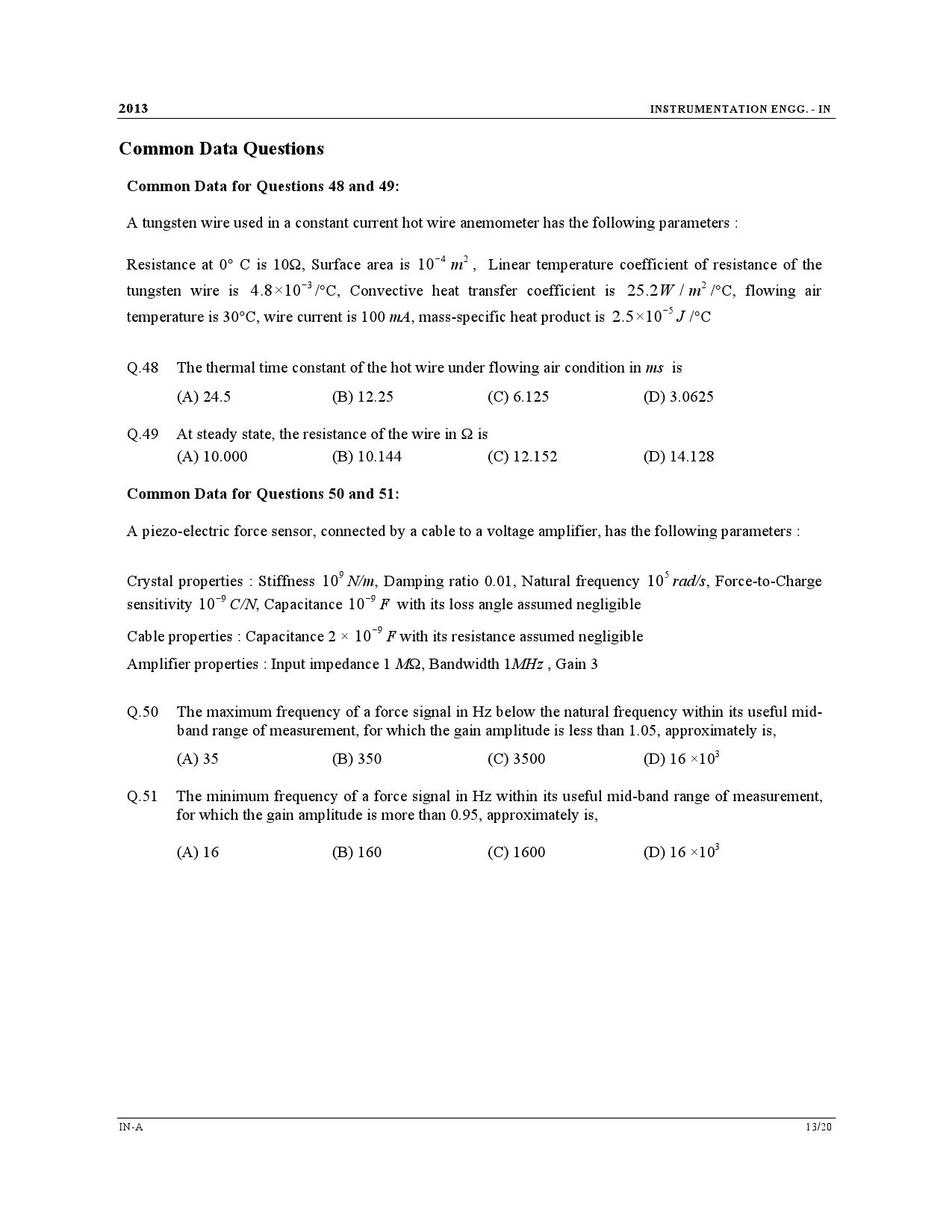 GATE Exam Question Paper 2013 Instrumentation Engineering 13