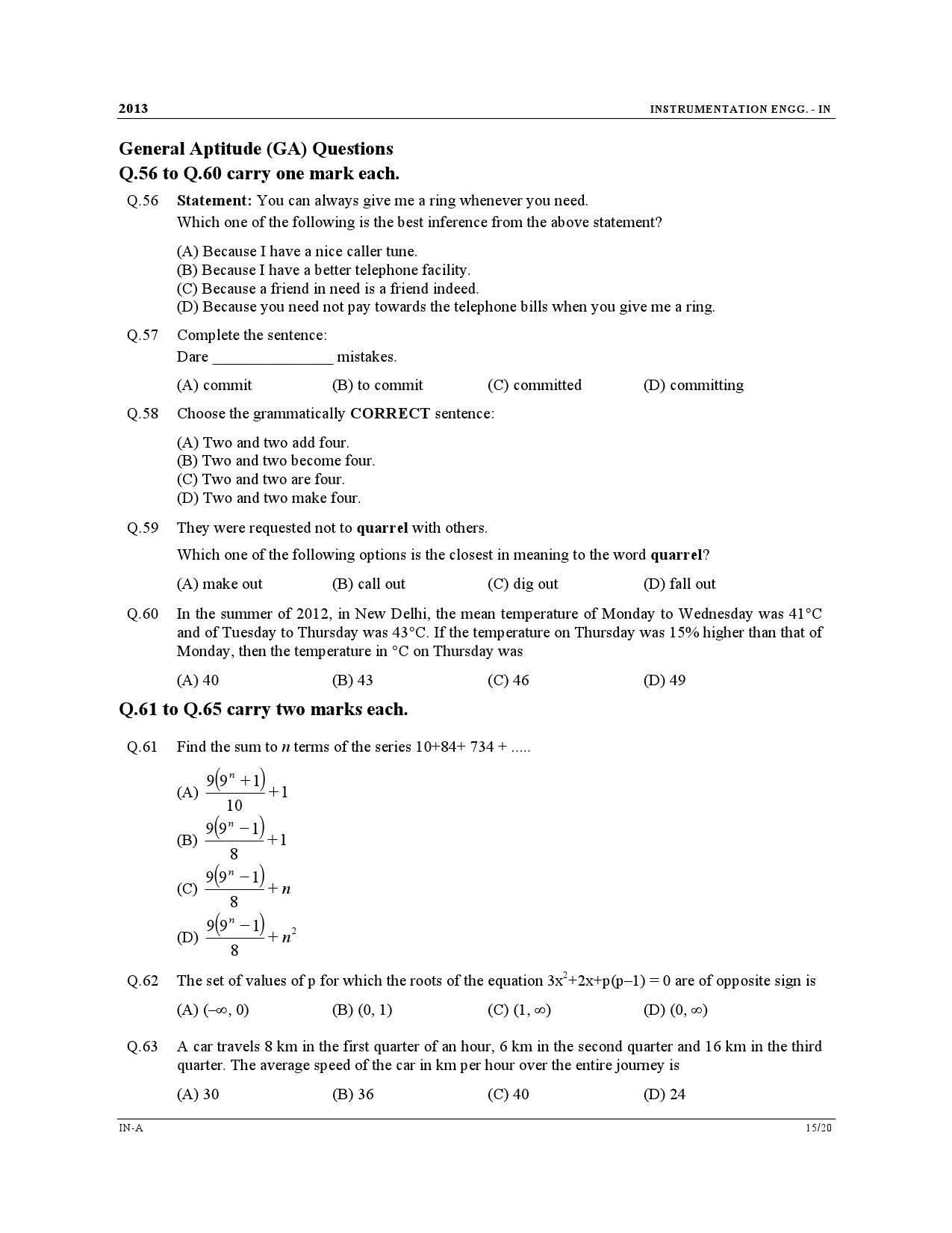 GATE Exam Question Paper 2013 Instrumentation Engineering 15