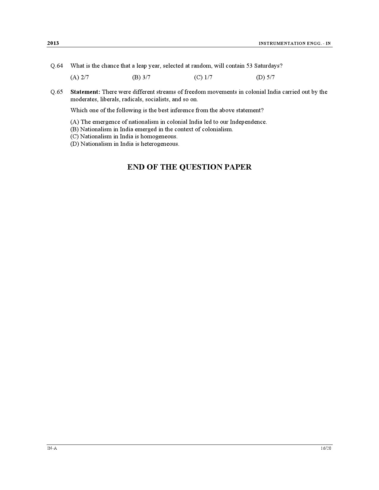 GATE Exam Question Paper 2013 Instrumentation Engineering 16
