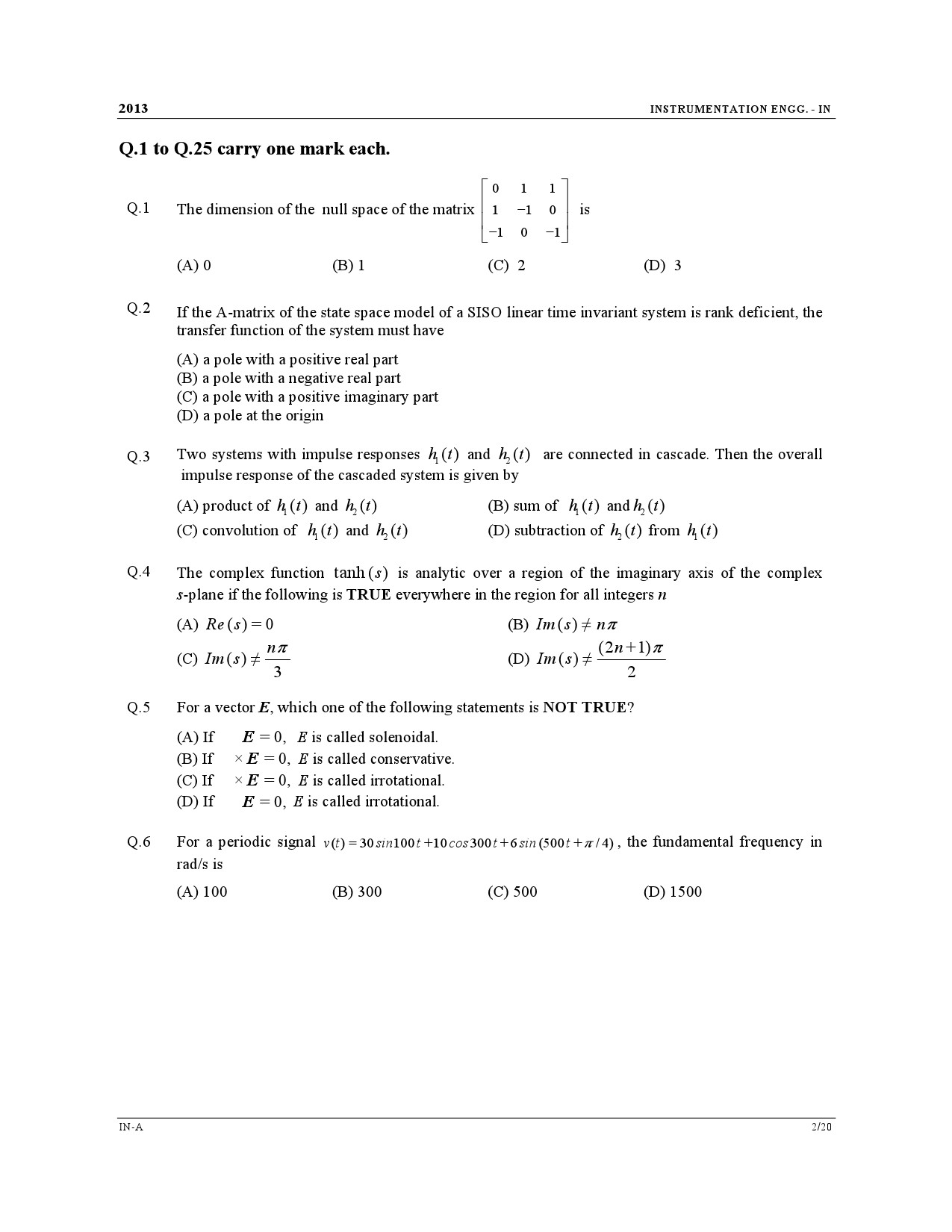 GATE Exam Question Paper 2013 Instrumentation Engineering 2