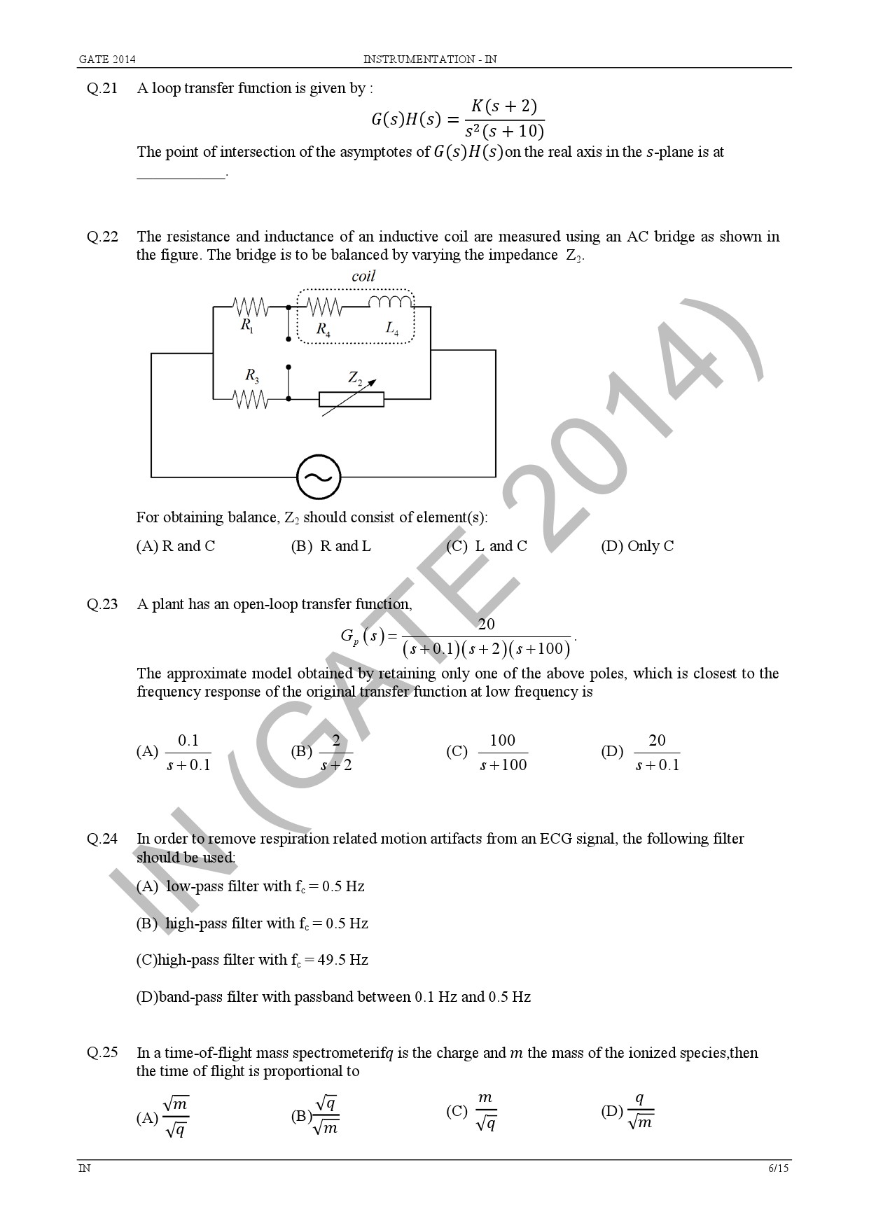 GATE Exam Question Paper 2014 Instrumentation Engineering 12