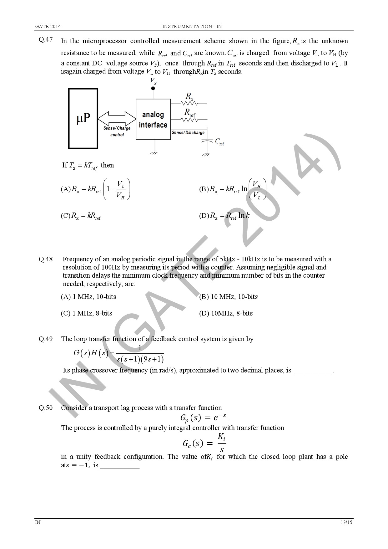 GATE Exam Question Paper 2014 Instrumentation Engineering 19