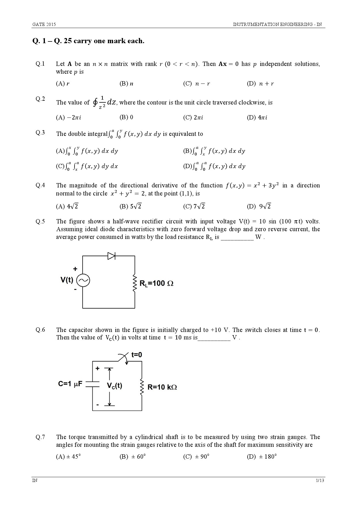 GATE Exam Question Paper 2015 Instrumentation Engineering 1