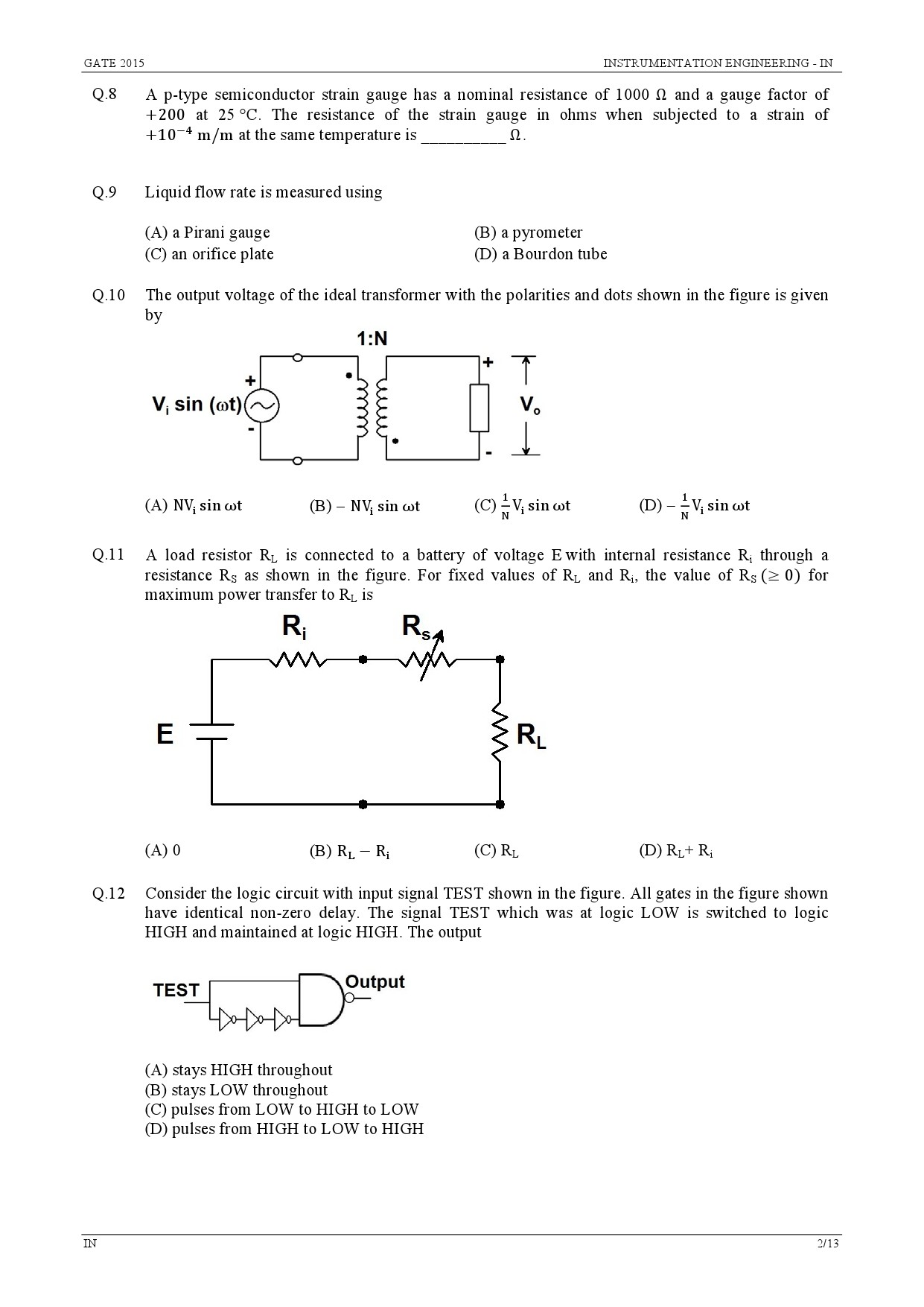 GATE Exam Question Paper 2015 Instrumentation Engineering 2