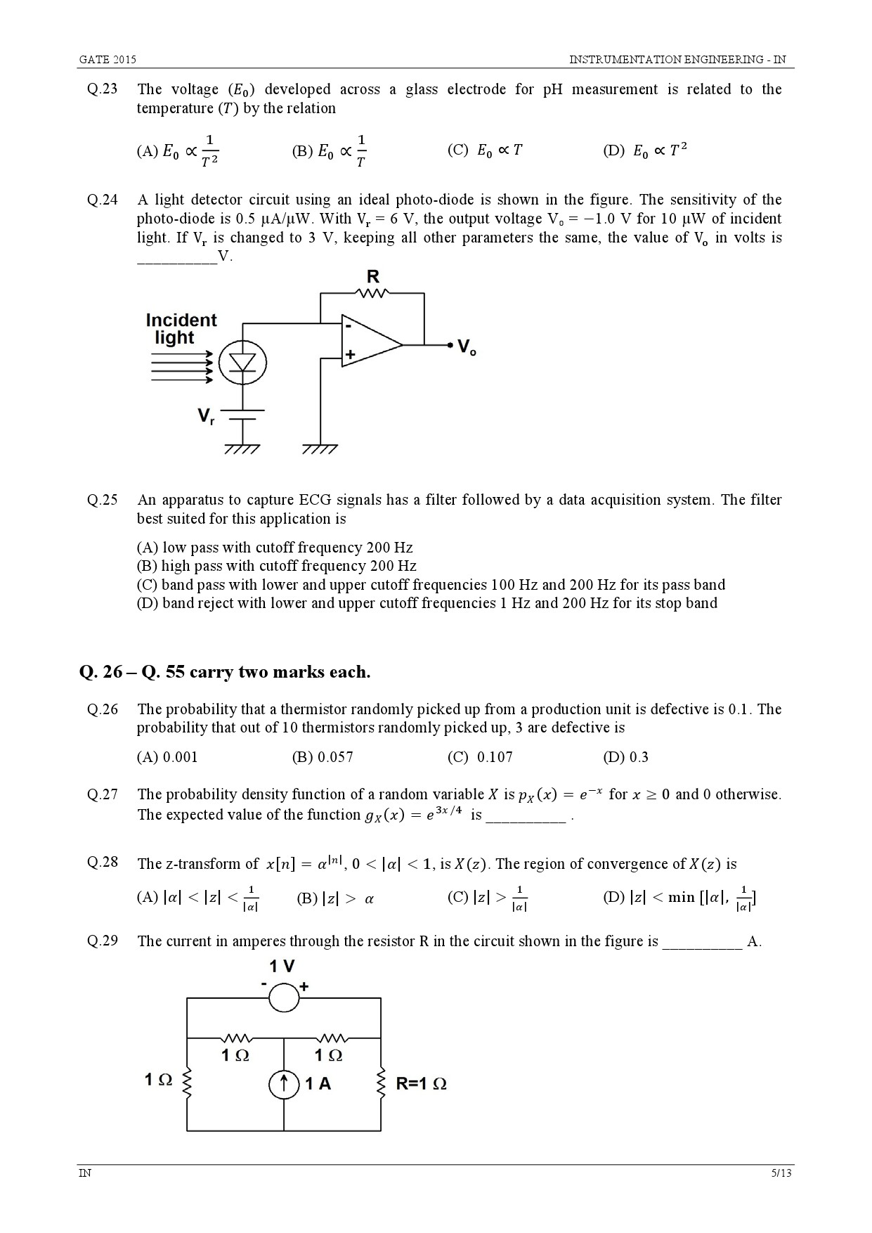 GATE Exam Question Paper 2015 Instrumentation Engineering 5