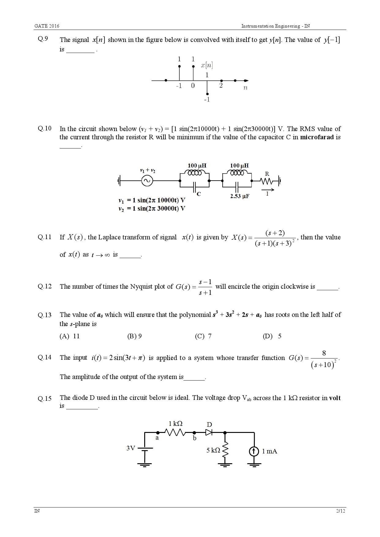 GATE Exam Question Paper 2016 Instrumentation Engineering 5