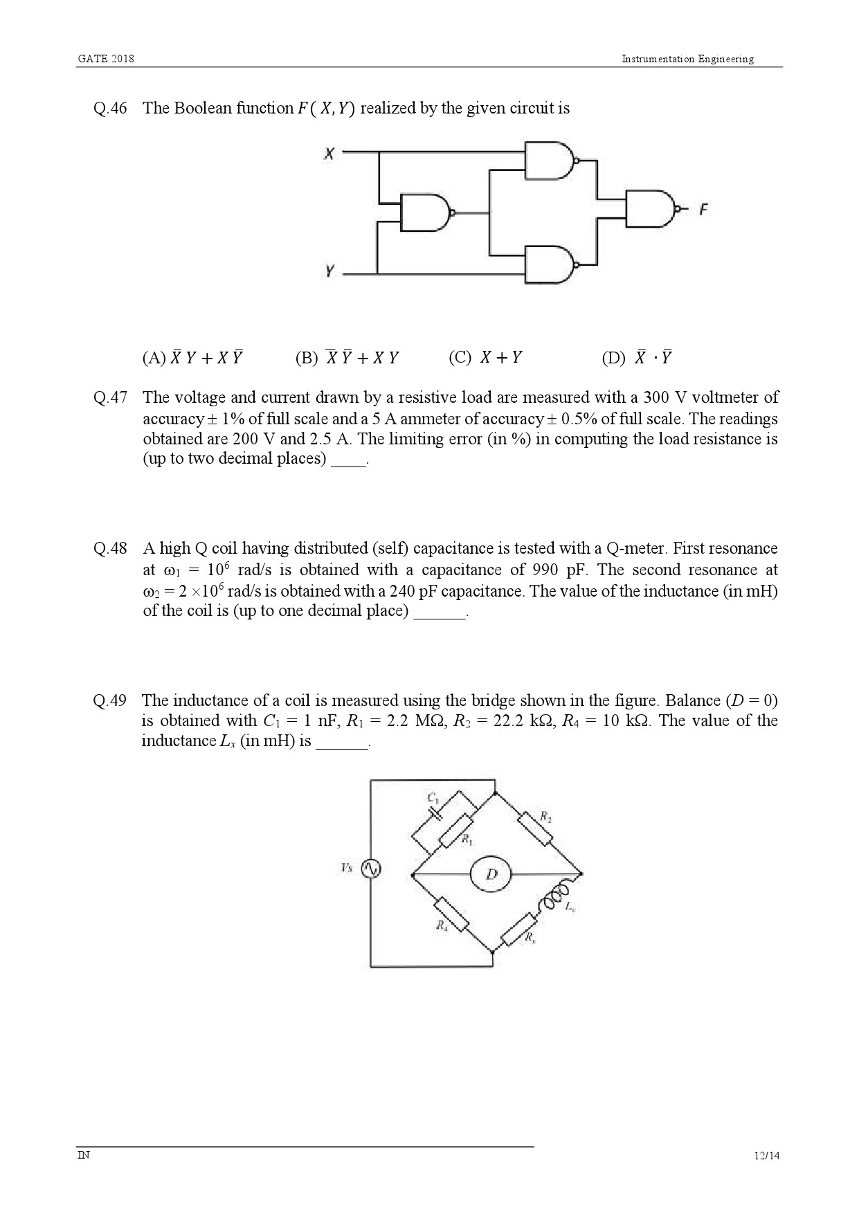 GATE Exam Question Paper 2018 Instrumentation Engineering 14