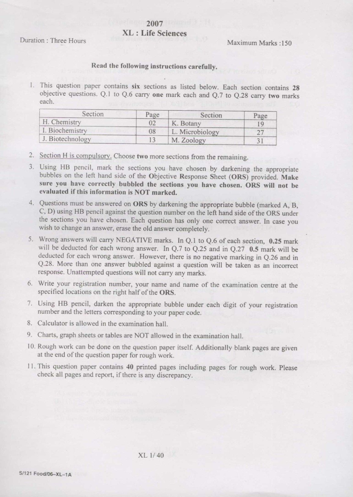 GATE Exam Question Paper 2007 Life Sciences 1