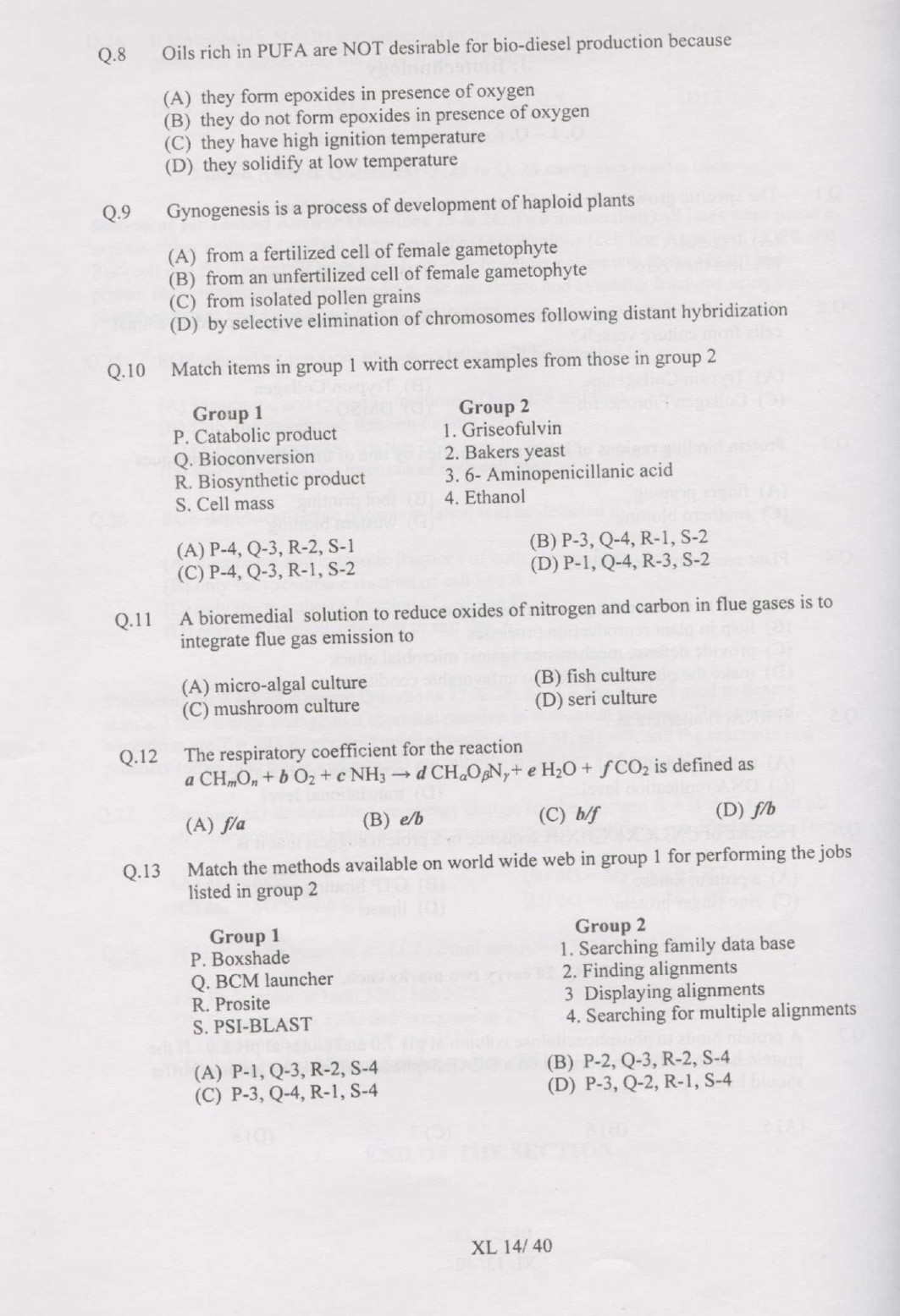 GATE Exam Question Paper 2007 Life Sciences 14