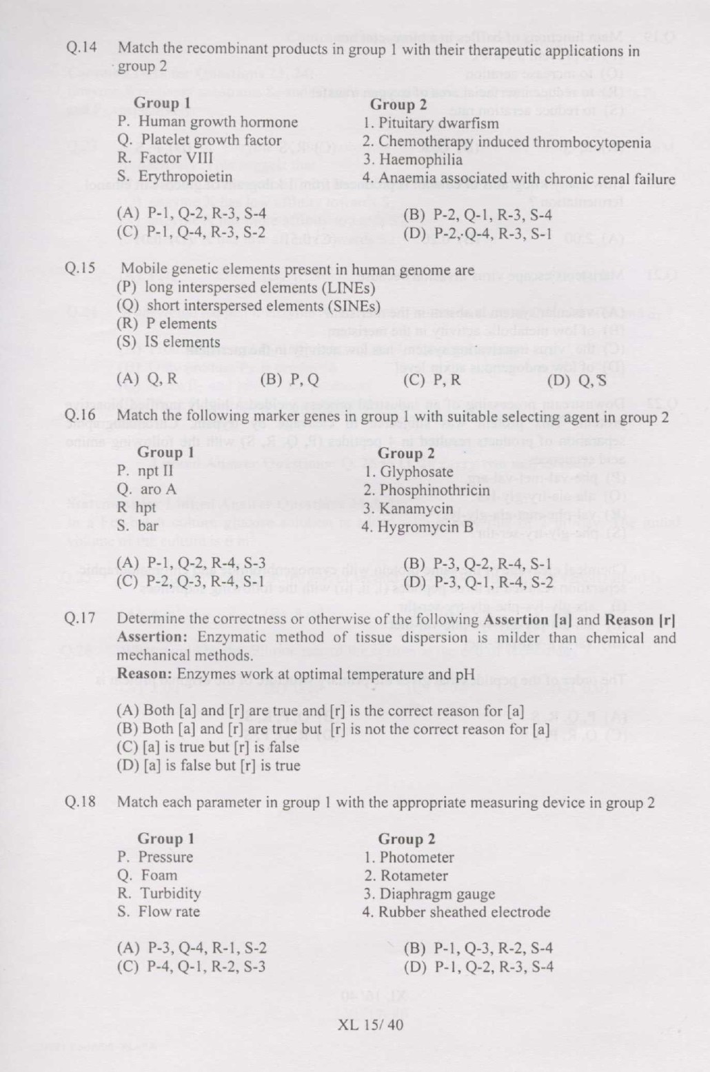 GATE Exam Question Paper 2007 Life Sciences 15