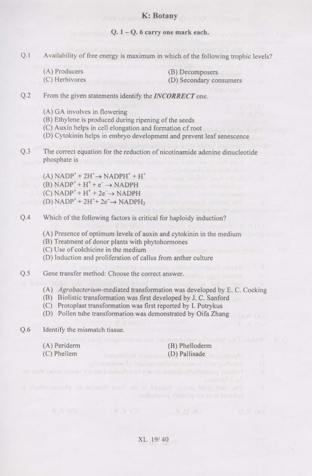 GATE Exam Question Paper 2007 Life Sciences 19