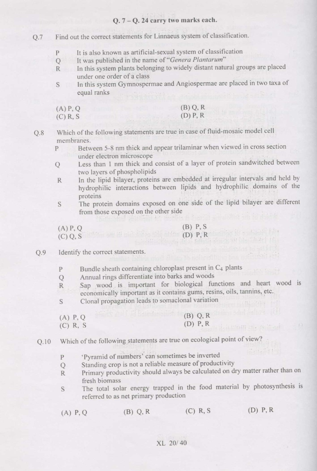 GATE Exam Question Paper 2007 Life Sciences 20