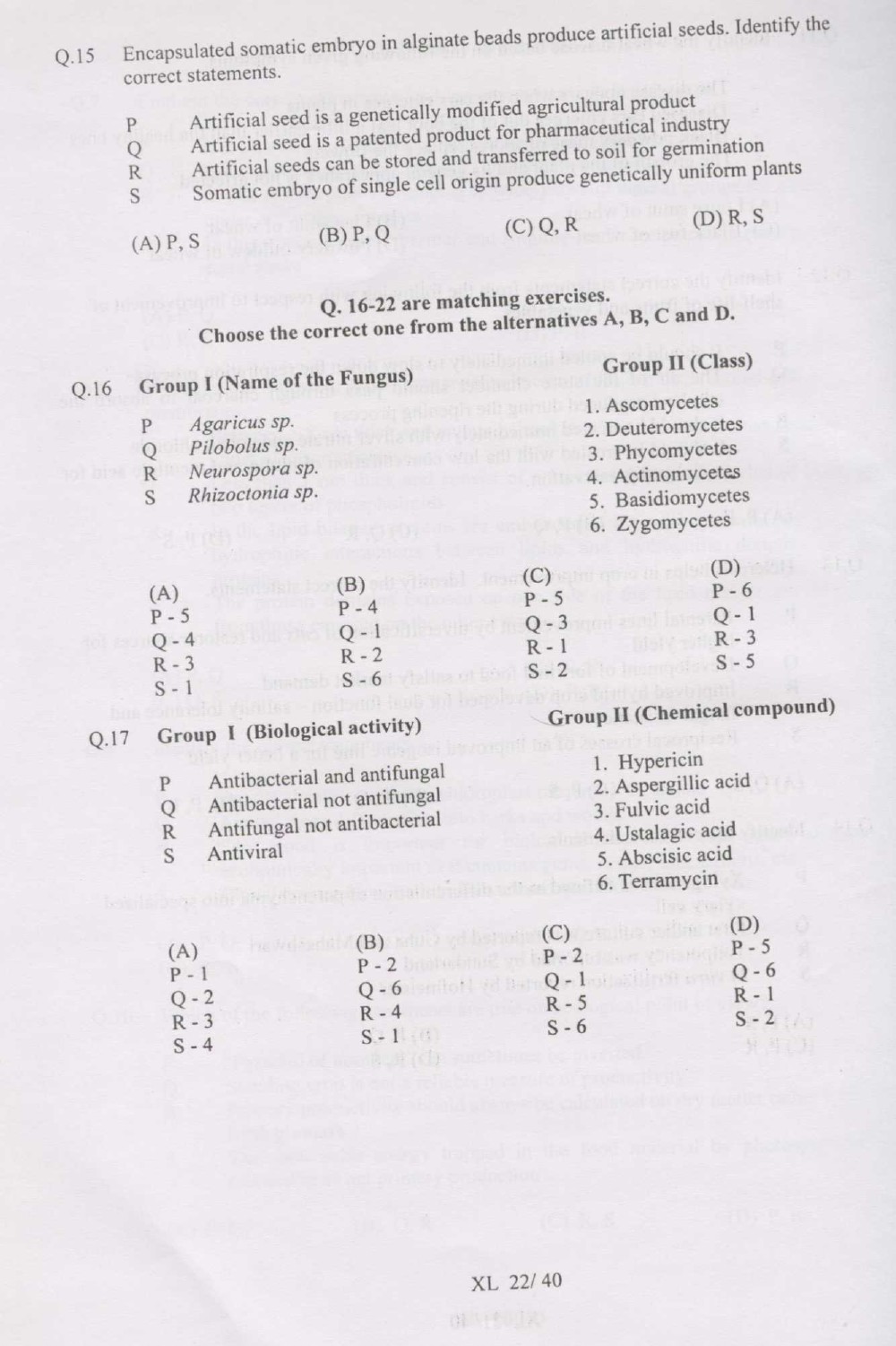 GATE Exam Question Paper 2007 Life Sciences 22
