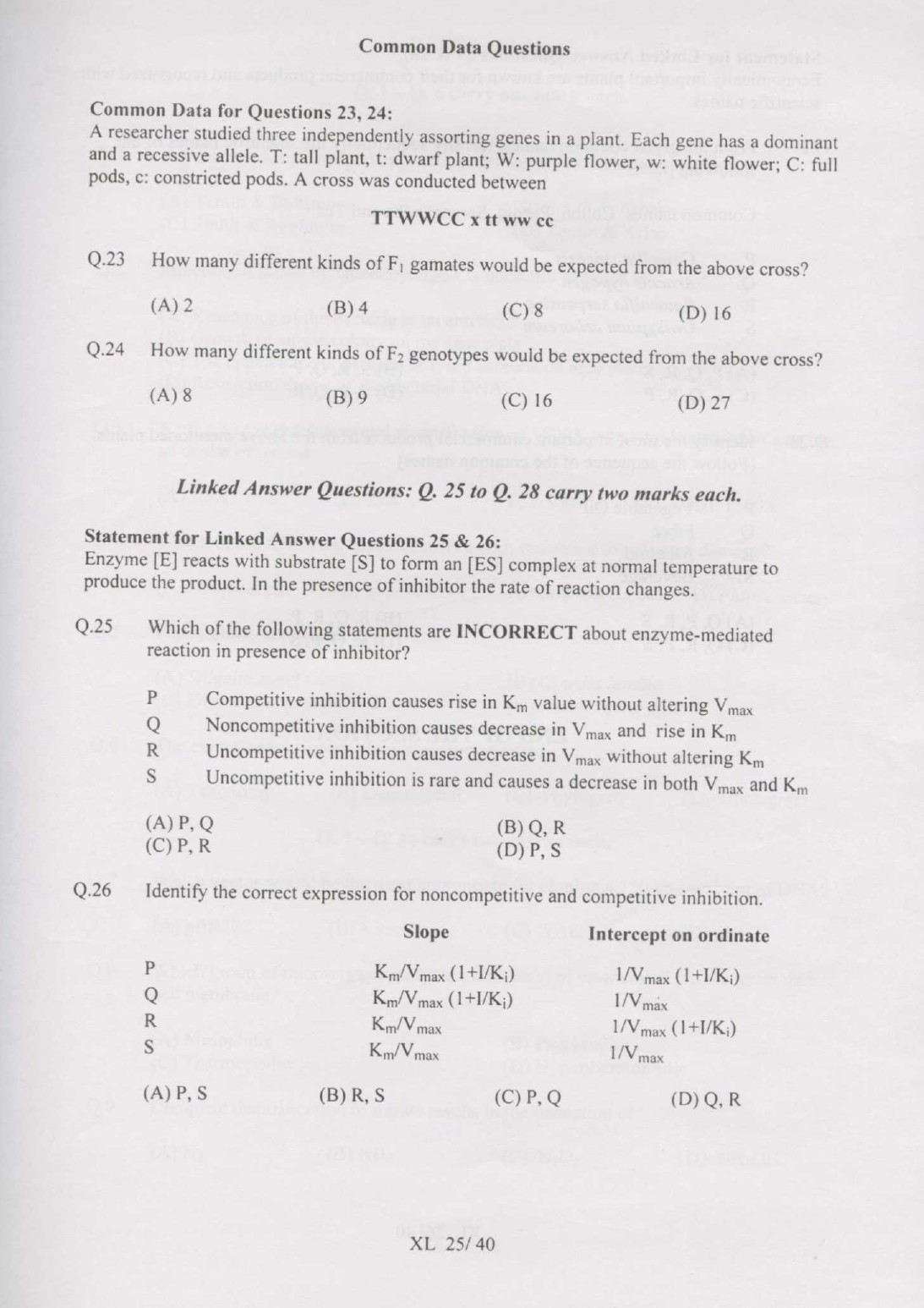 GATE Exam Question Paper 2007 Life Sciences 25