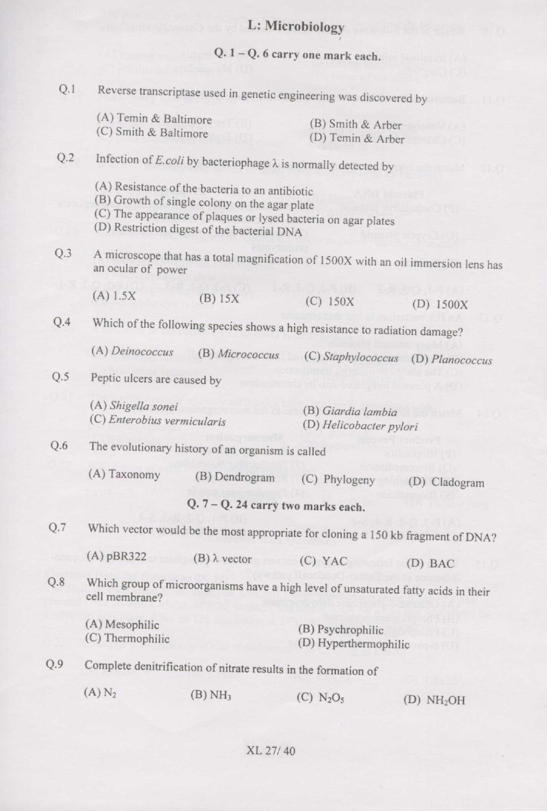 GATE Exam Question Paper 2007 Life Sciences 27