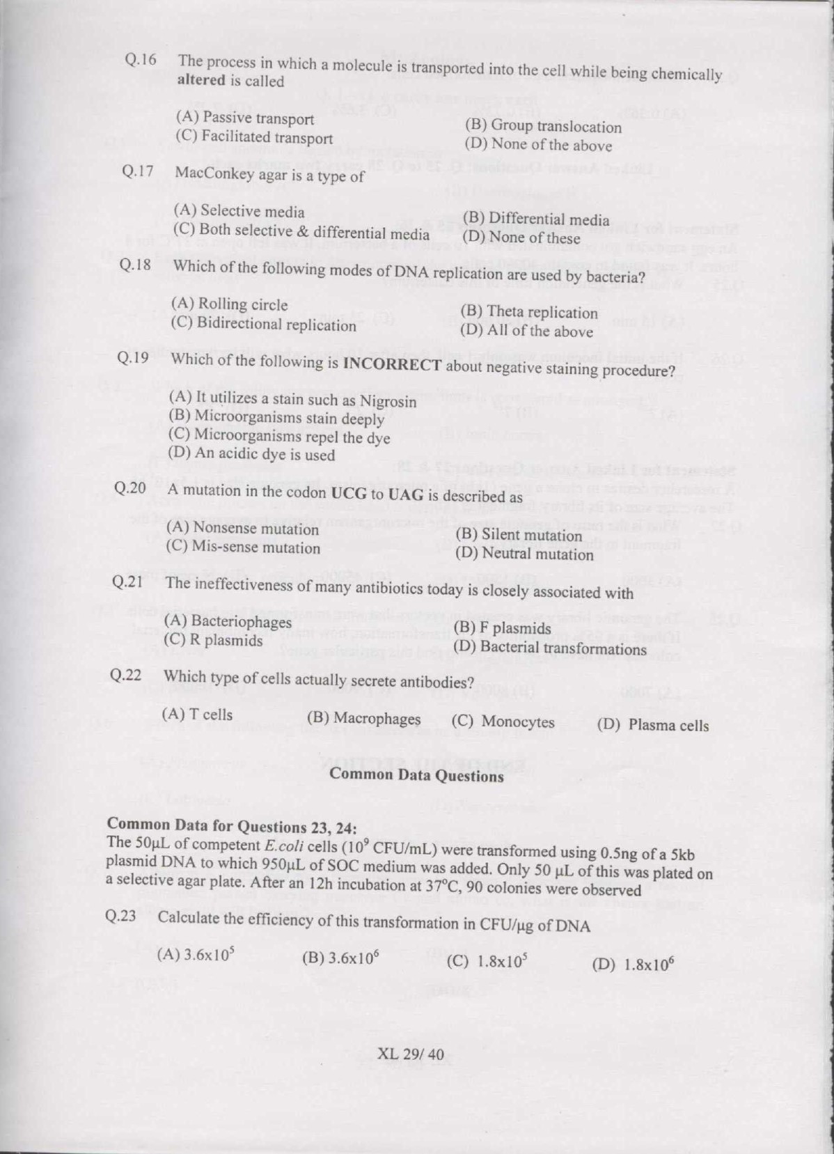 GATE Exam Question Paper 2007 Life Sciences 29