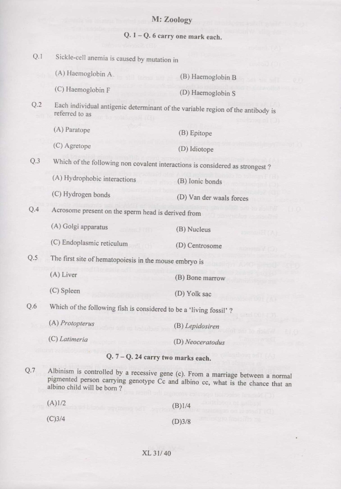 GATE Exam Question Paper 2007 Life Sciences 31