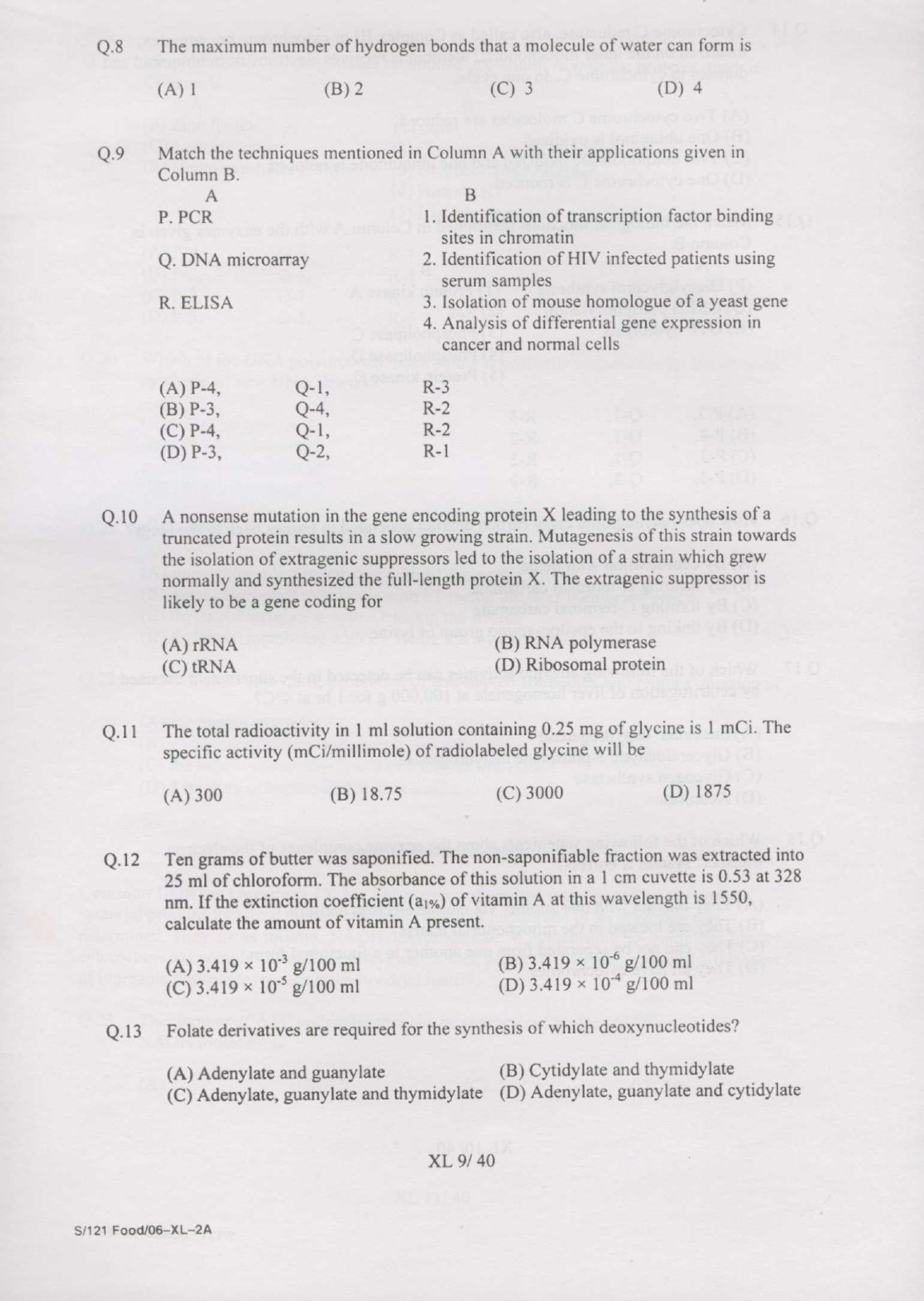 GATE Exam Question Paper 2007 Life Sciences 9
