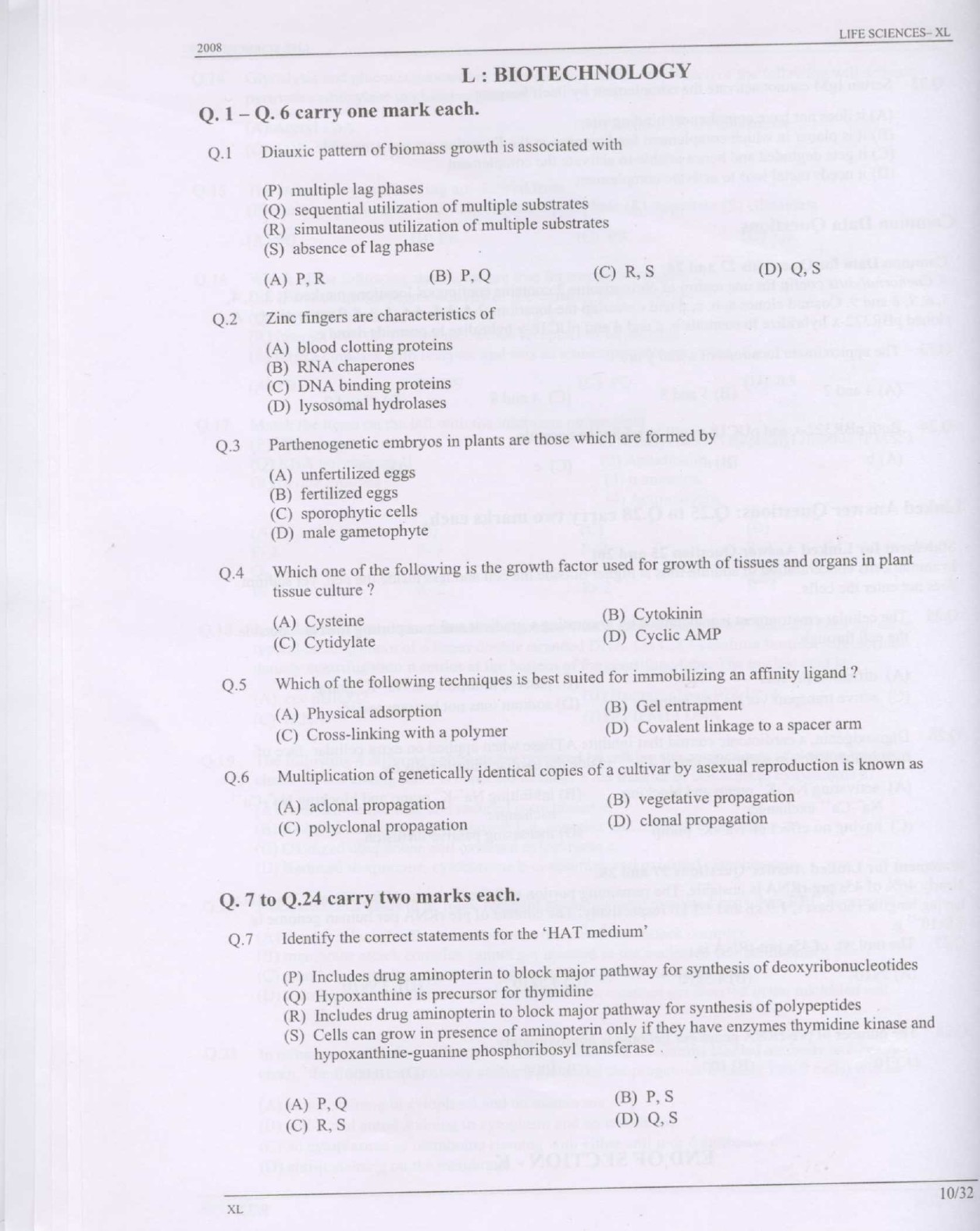 GATE Exam Question Paper 2008 Life Sciences 10