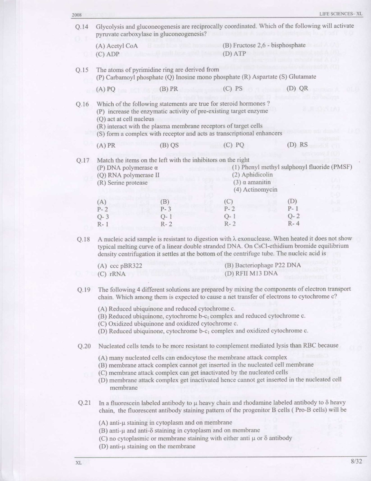 GATE Exam Question Paper 2008 Life Sciences 8