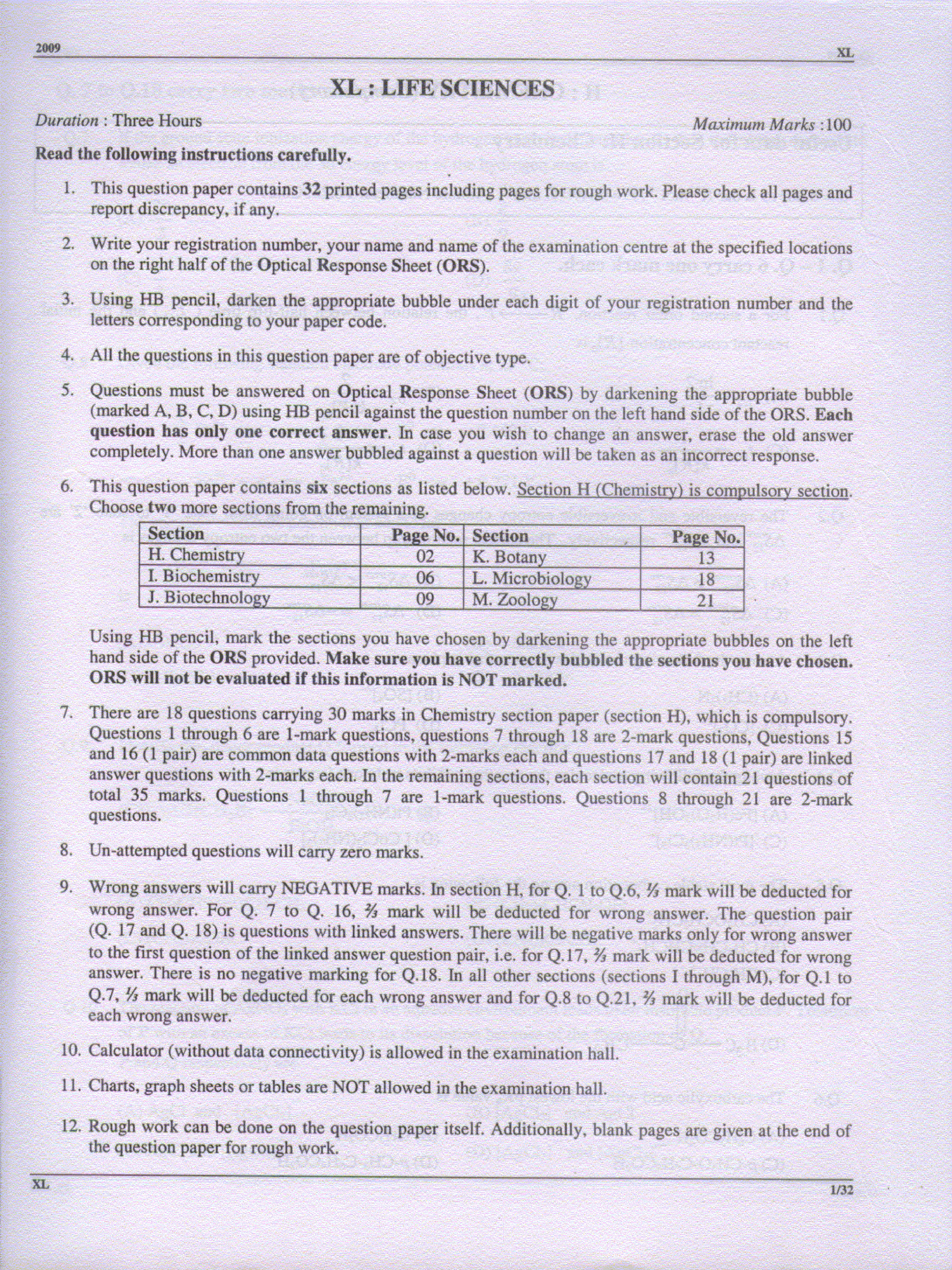 GATE Exam Question Paper 2009 Life Sciences 1