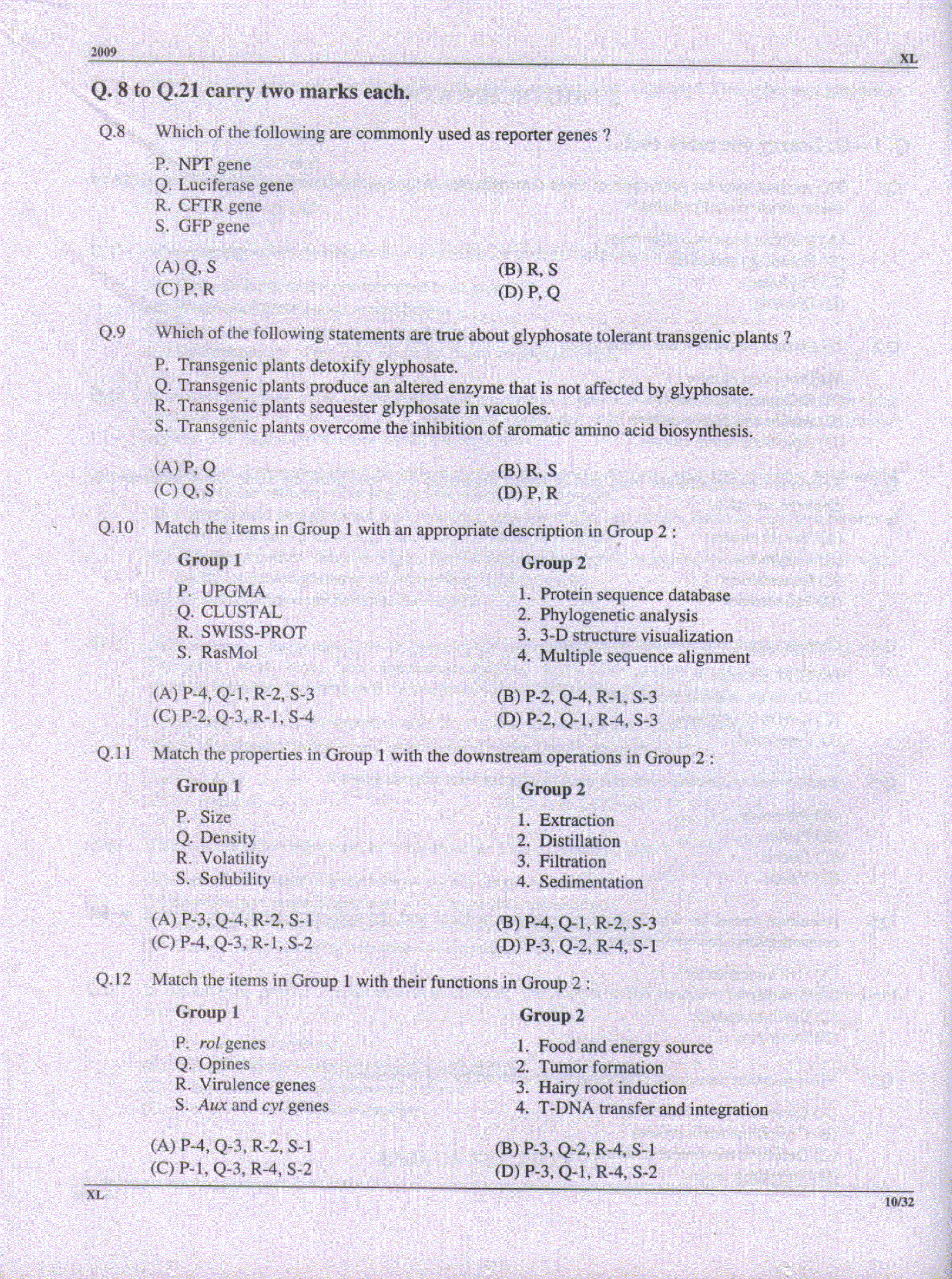 GATE Exam Question Paper 2009 Life Sciences 10