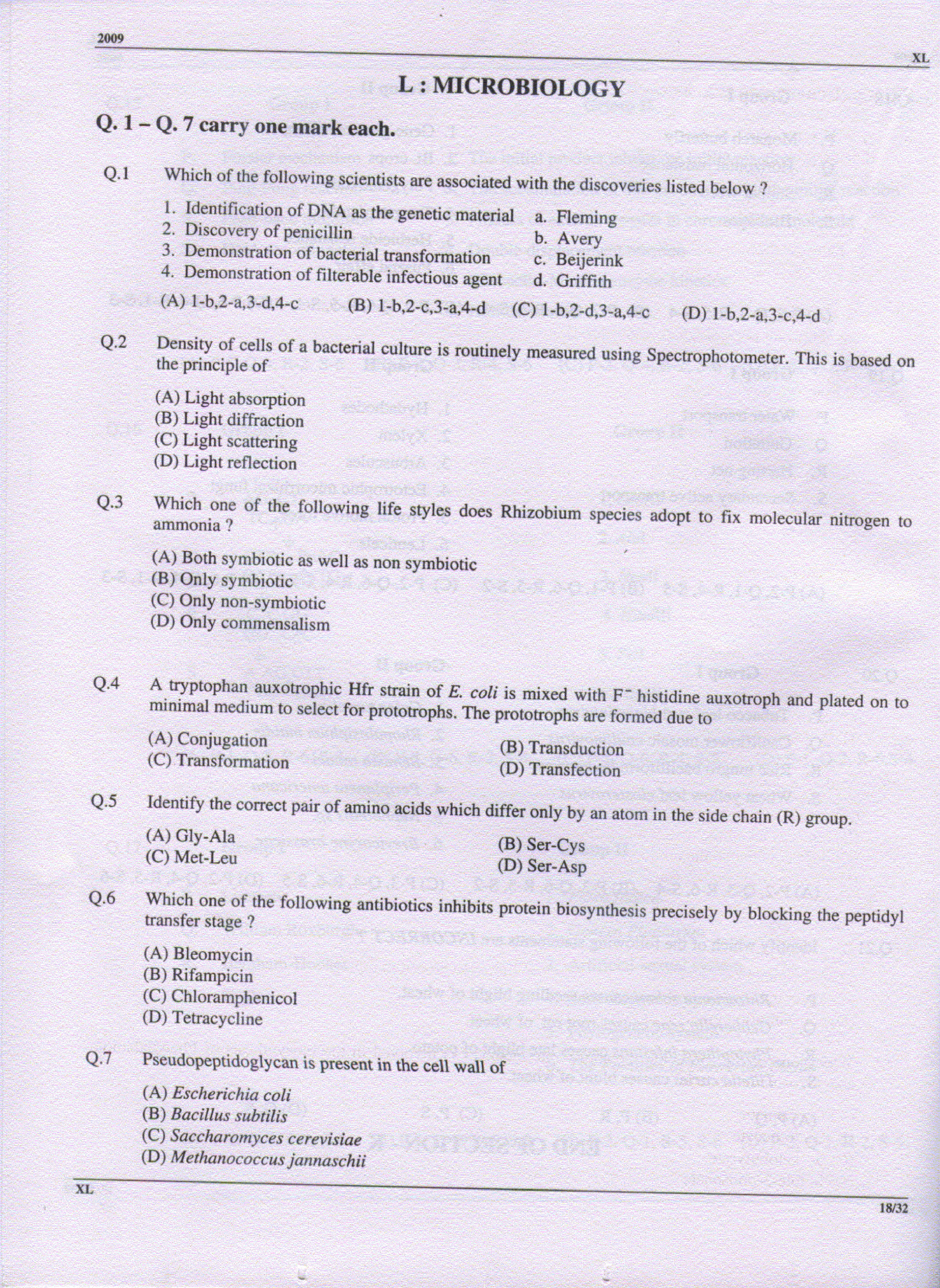 GATE Exam Question Paper 2009 Life Sciences 18