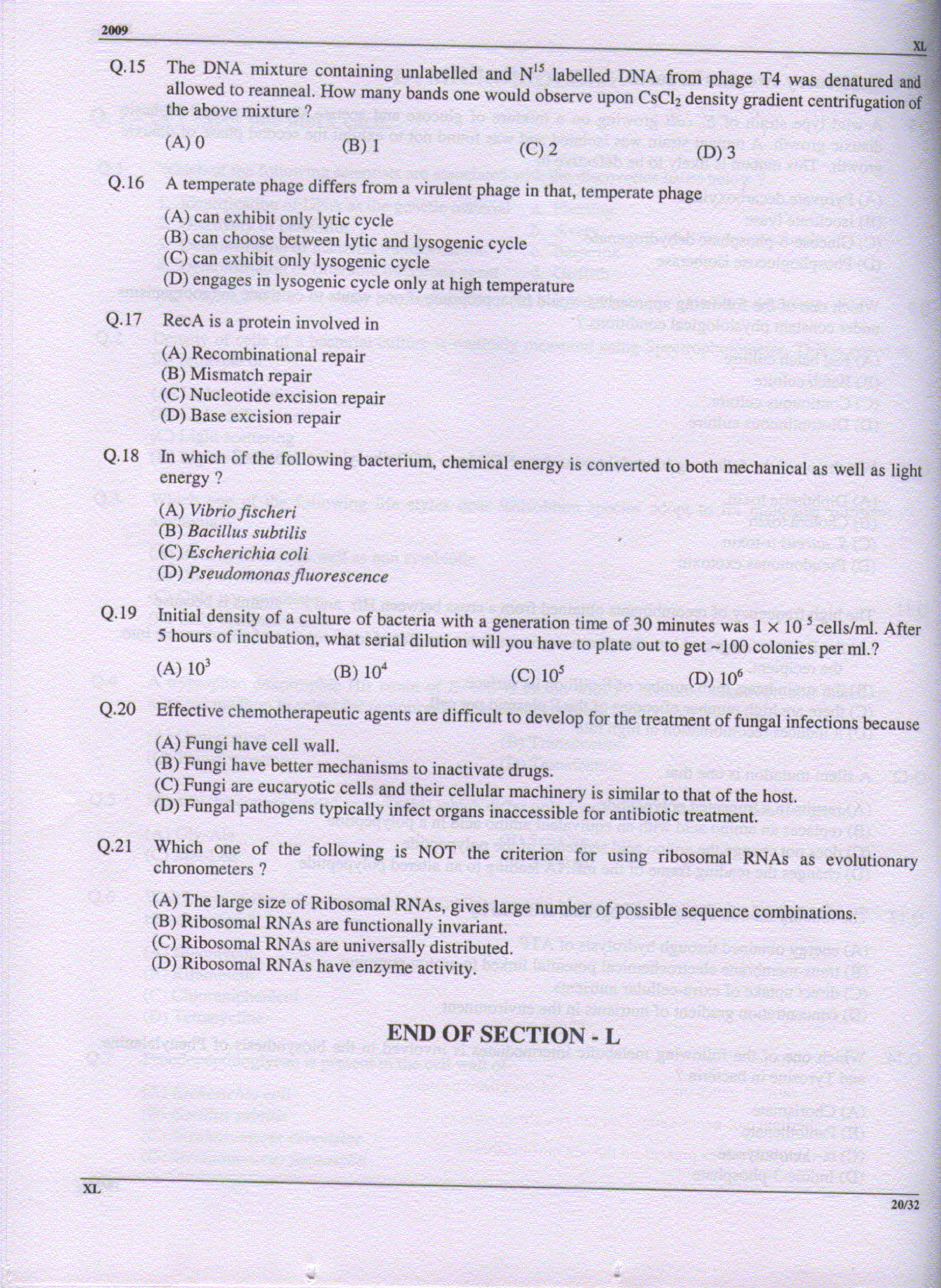 GATE Exam Question Paper 2009 Life Sciences 20