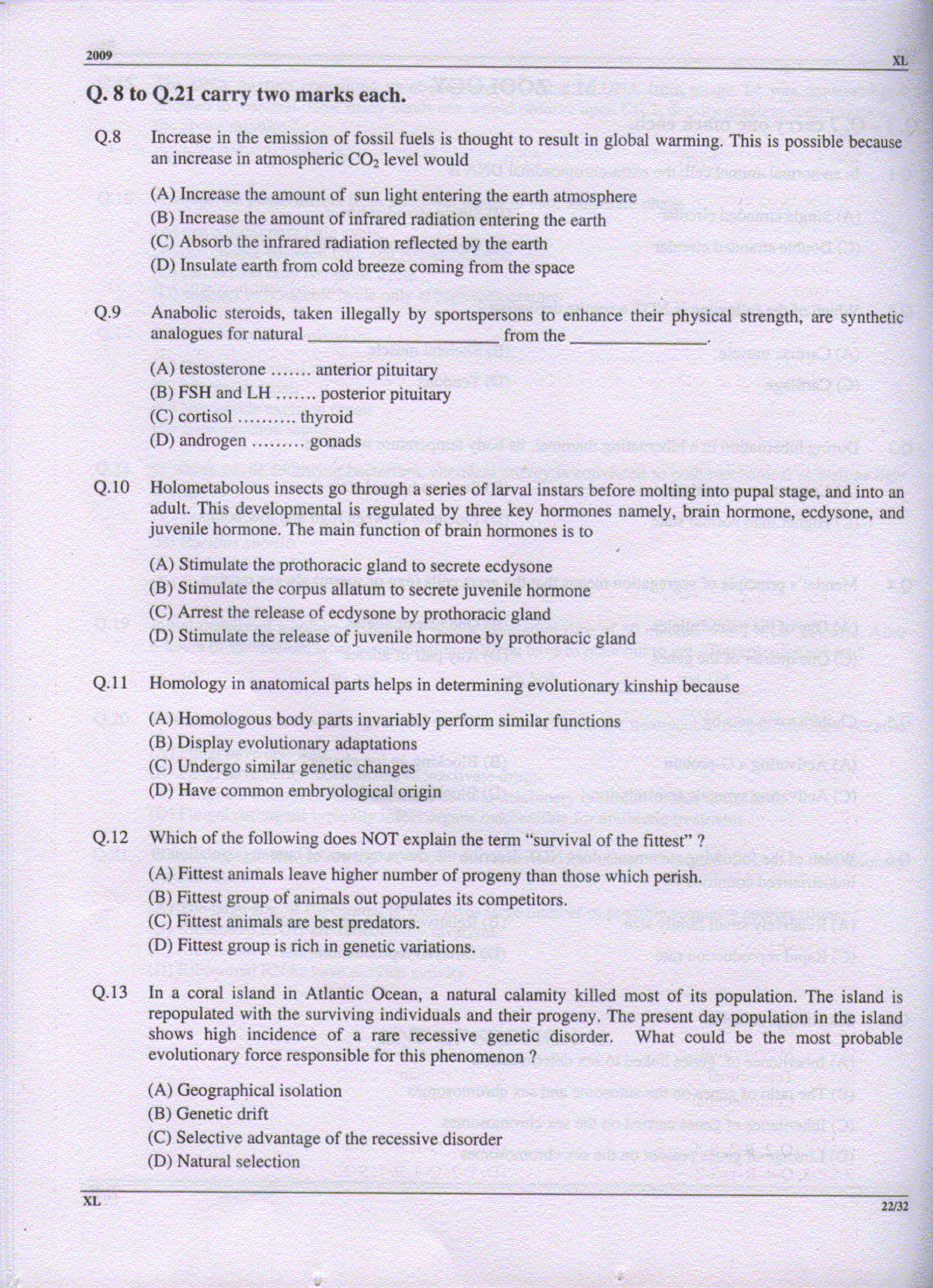 GATE Exam Question Paper 2009 Life Sciences 22