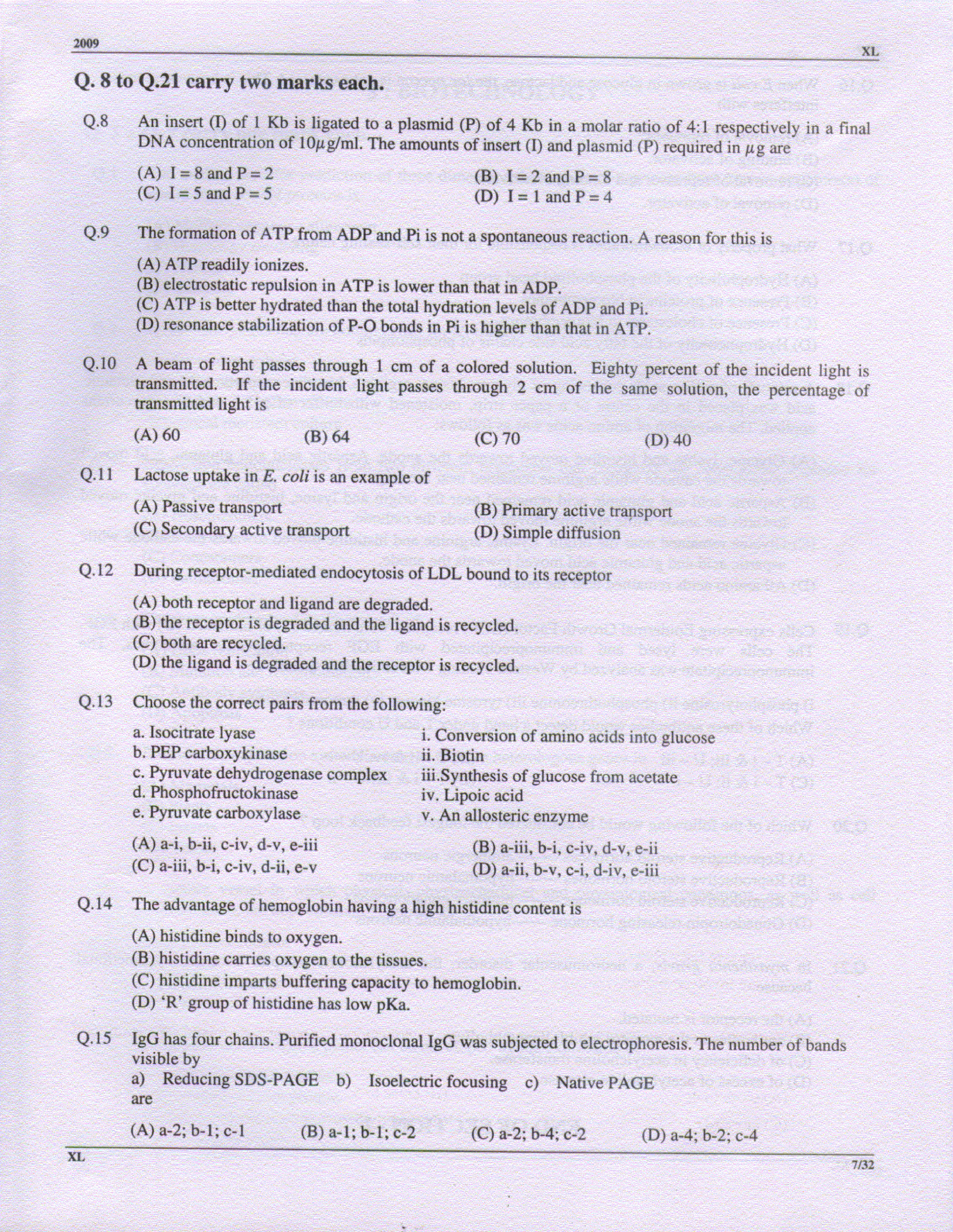GATE Exam Question Paper 2009 Life Sciences 7
